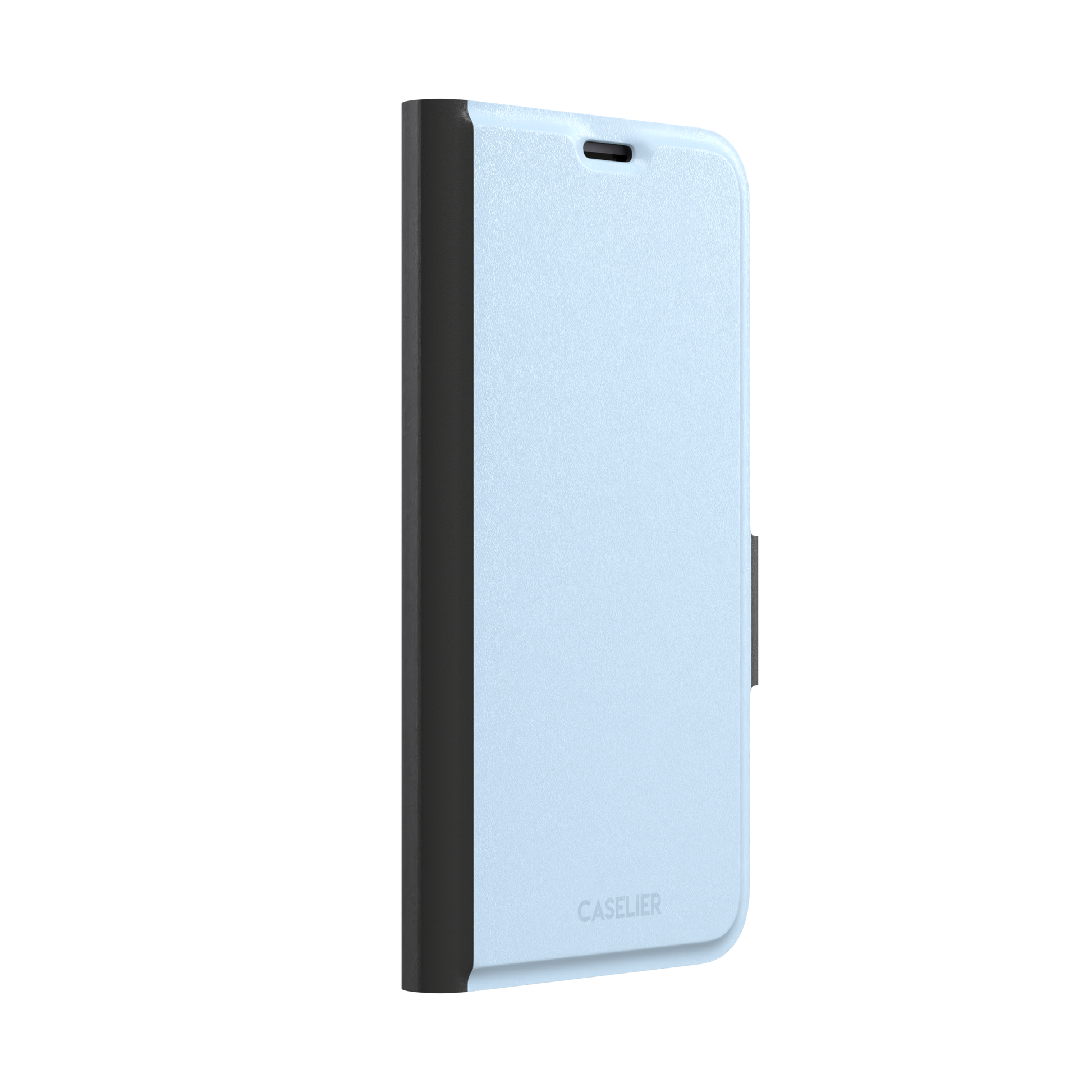 Pale powder blue solid-color phone case with smooth matte finish, phone case by Caselier — wallet case, left view