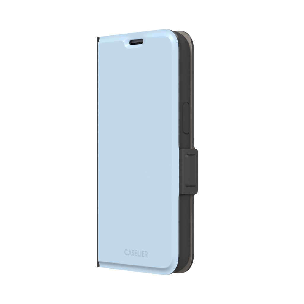 Pale powder blue solid-color phone case with smooth matte finish, phone case by Caselier — wallet case, right view