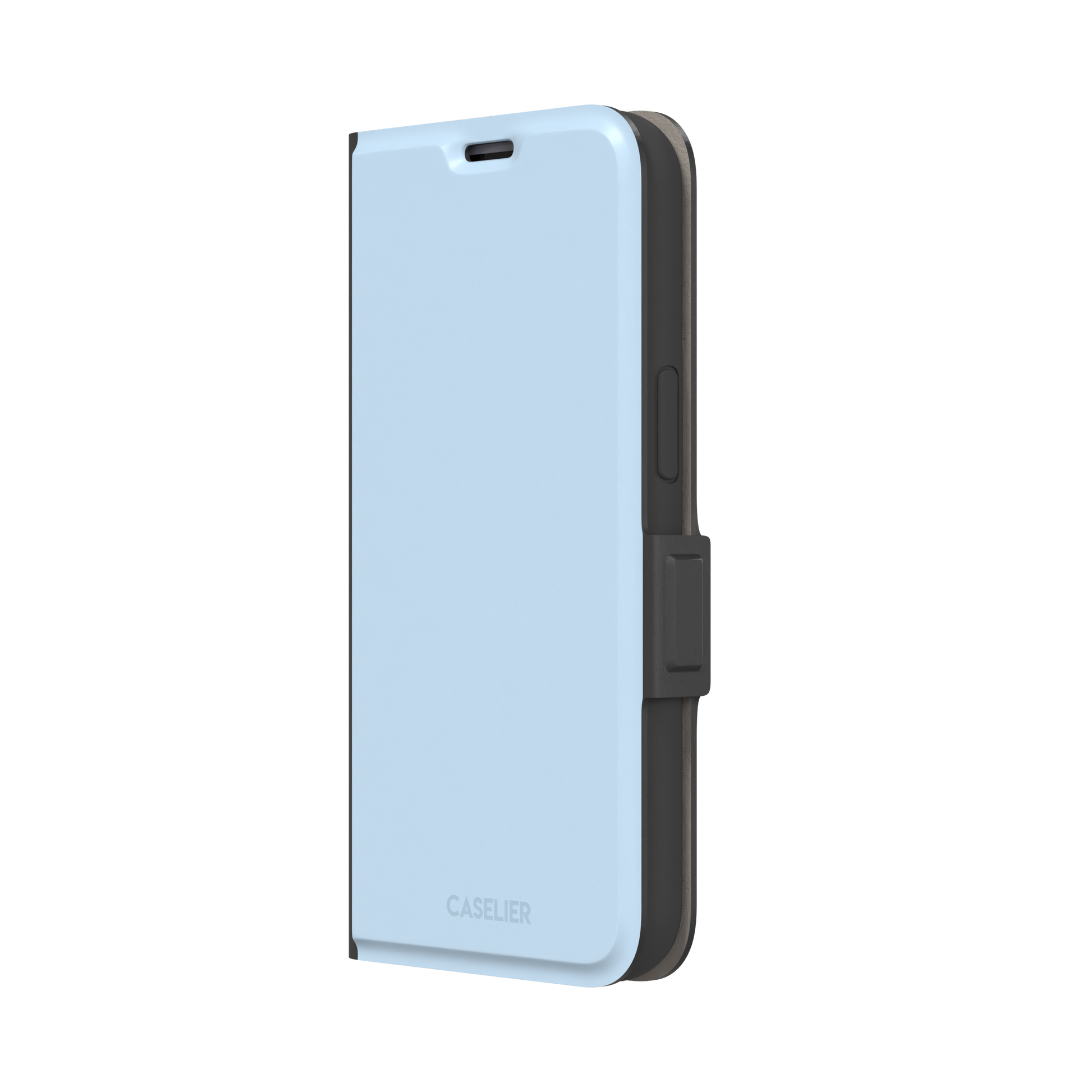 Pale powder blue solid-color phone case with smooth matte finish, phone case by Caselier — wallet case, right view