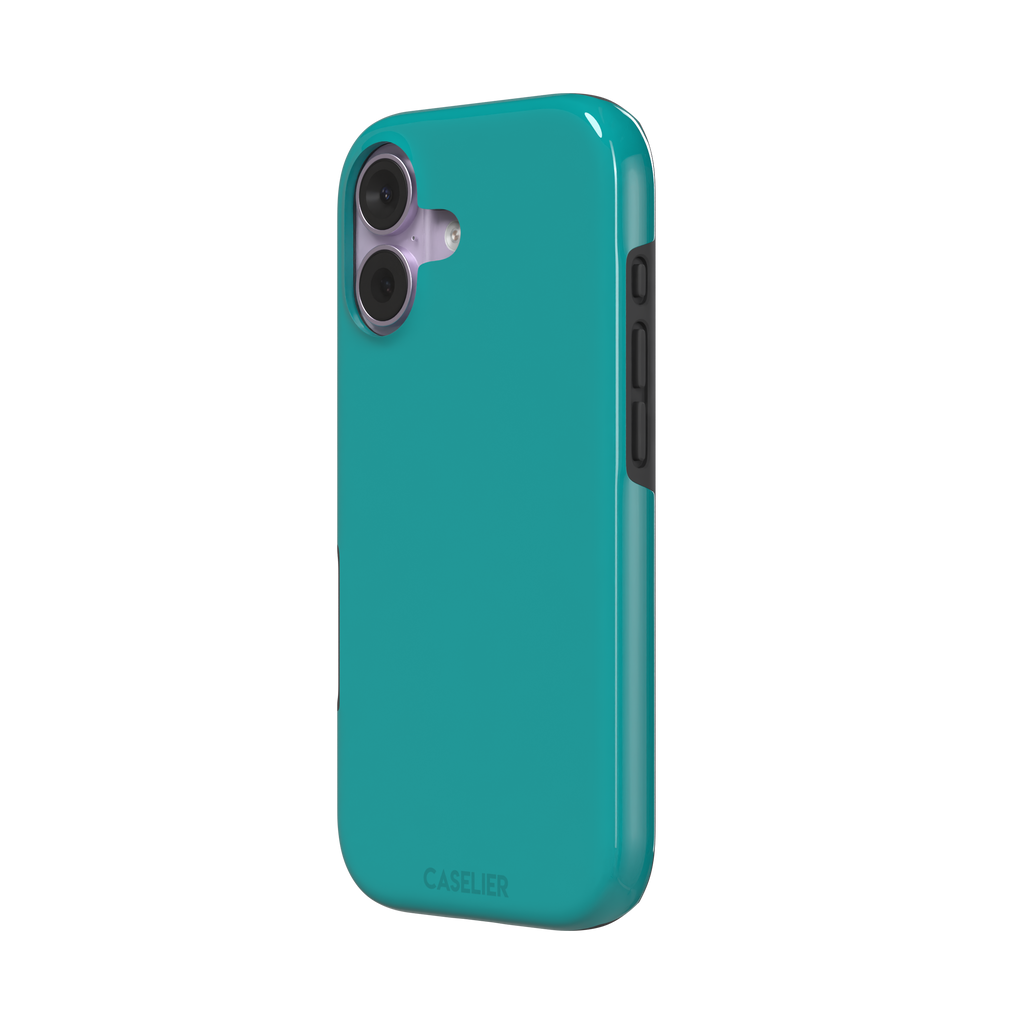 Teal solid-color phone case with smooth matte finish, phone case by Caselier — tough case, right view