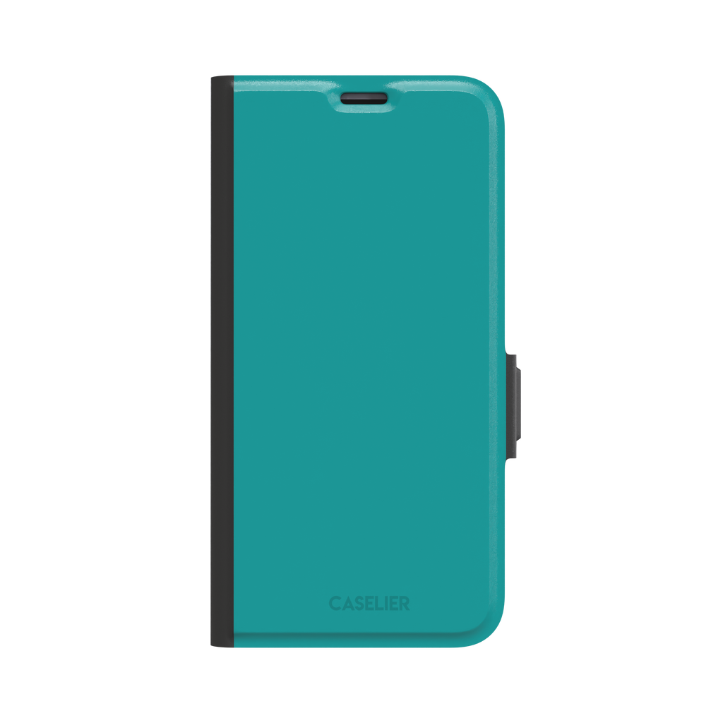 Teal solid-color phone case with smooth matte finish, phone case by Caselier — wallet case, front view