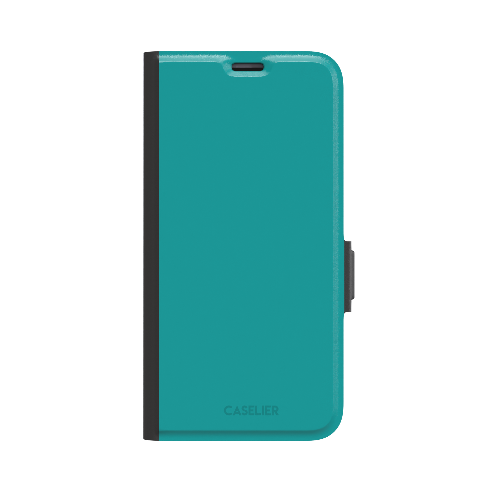 Teal solid-color phone case with smooth matte finish, phone case by Caselier — wallet case, front view