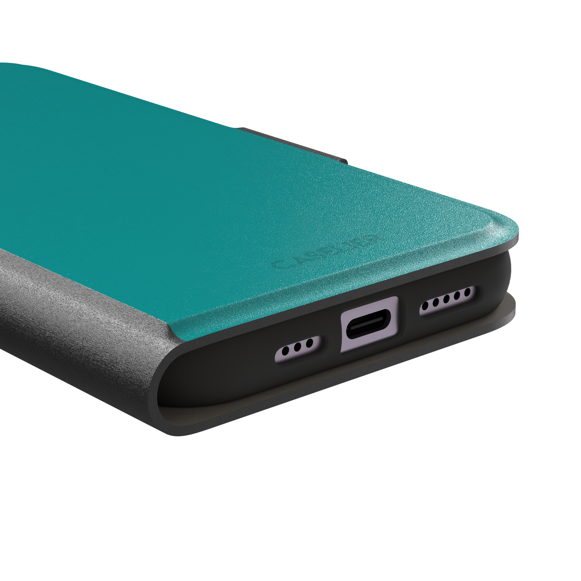 Teal solid-color phone case with smooth matte finish, phone case by Caselier — wallet case, charging port detail