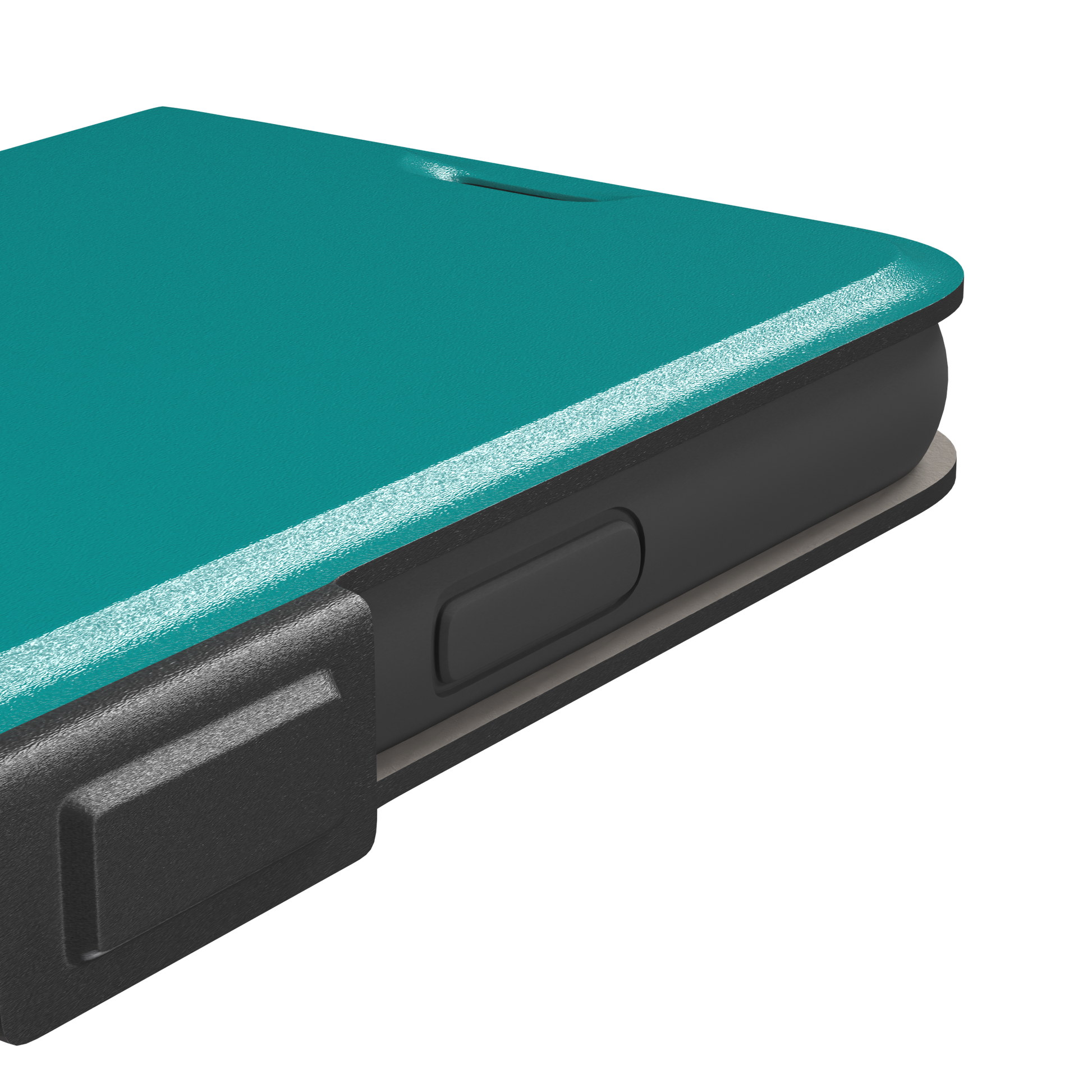 Teal solid-color phone case with smooth matte finish, phone case by Caselier — wallet case, volume buttons detail