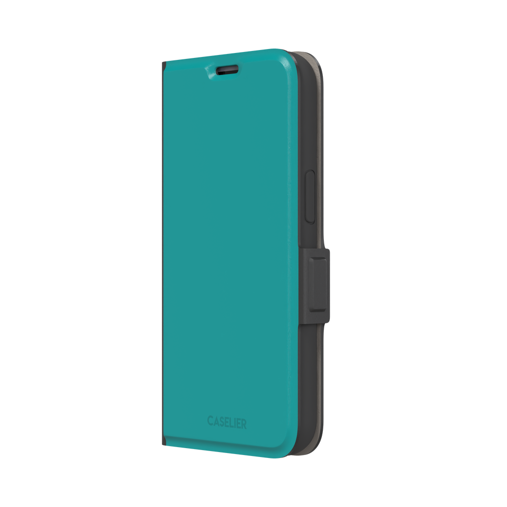 Teal solid-color phone case with smooth matte finish, phone case by Caselier — wallet case, right view