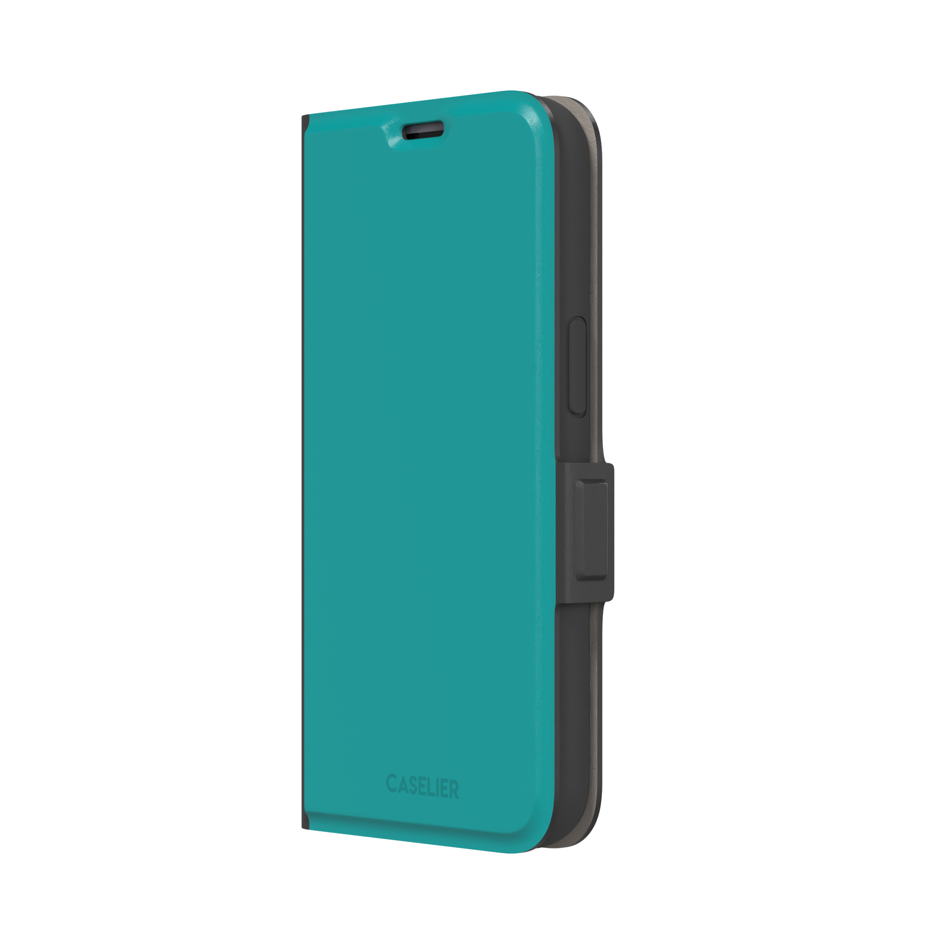 Teal solid-color phone case with smooth matte finish, phone case by Caselier — wallet case, right view
