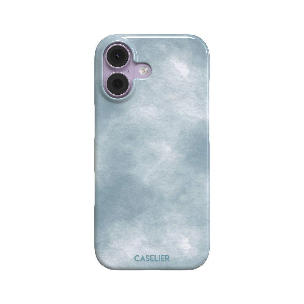Soft powder-blue watercolor wash phone case with misty white cloud-like blends, phone case by Caselier — snap case, front view
