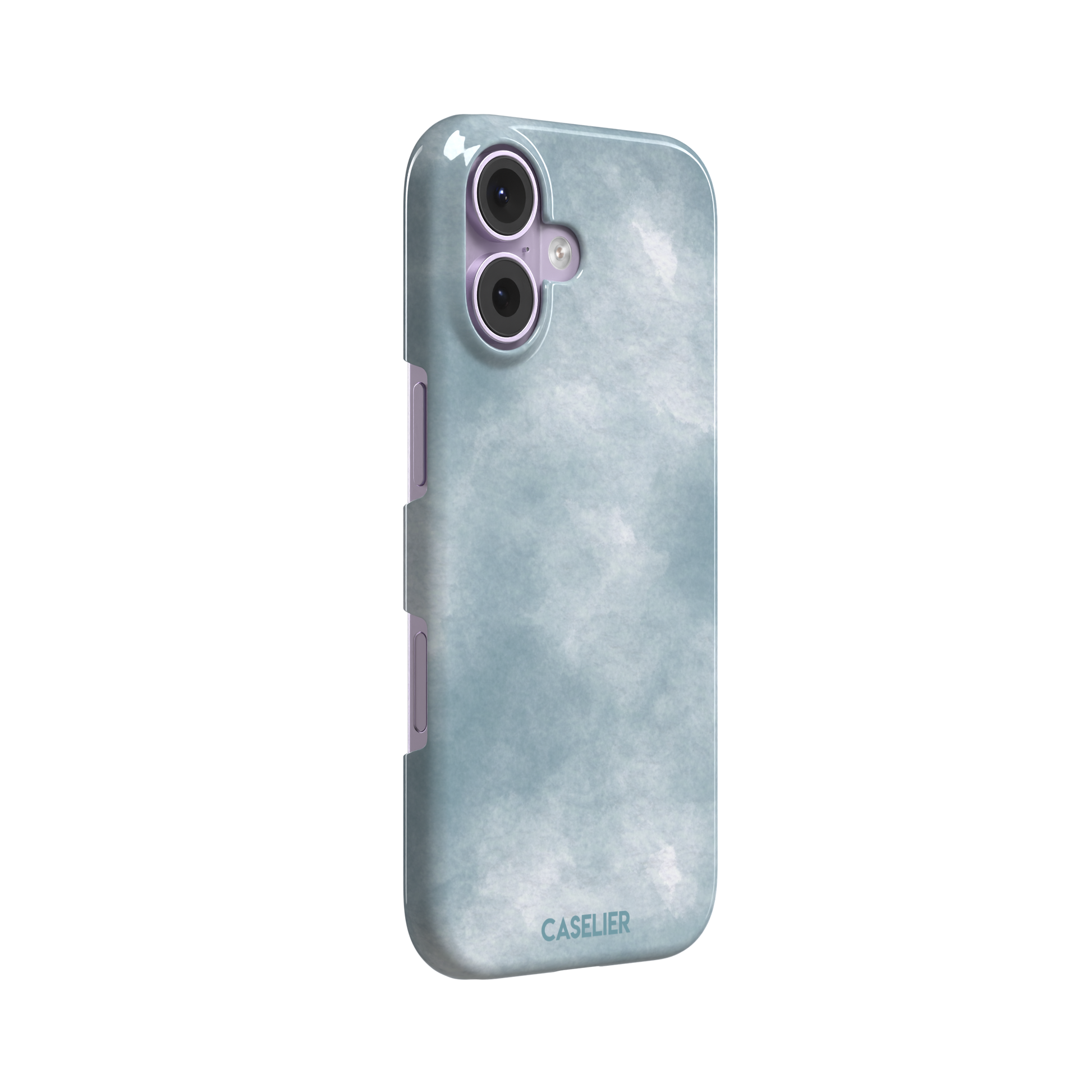 Soft powder-blue watercolor wash phone case with misty white cloud-like blends, phone case by Caselier — snap case, left view
