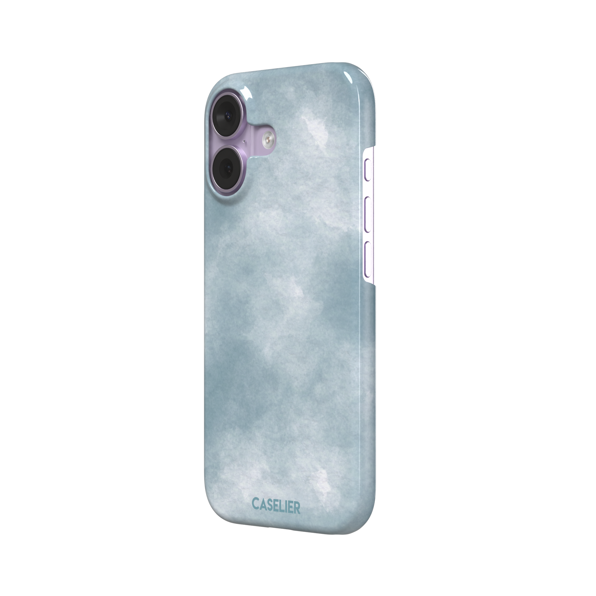 Soft powder-blue watercolor wash phone case with misty white cloud-like blends, phone case by Caselier — snap case, right view