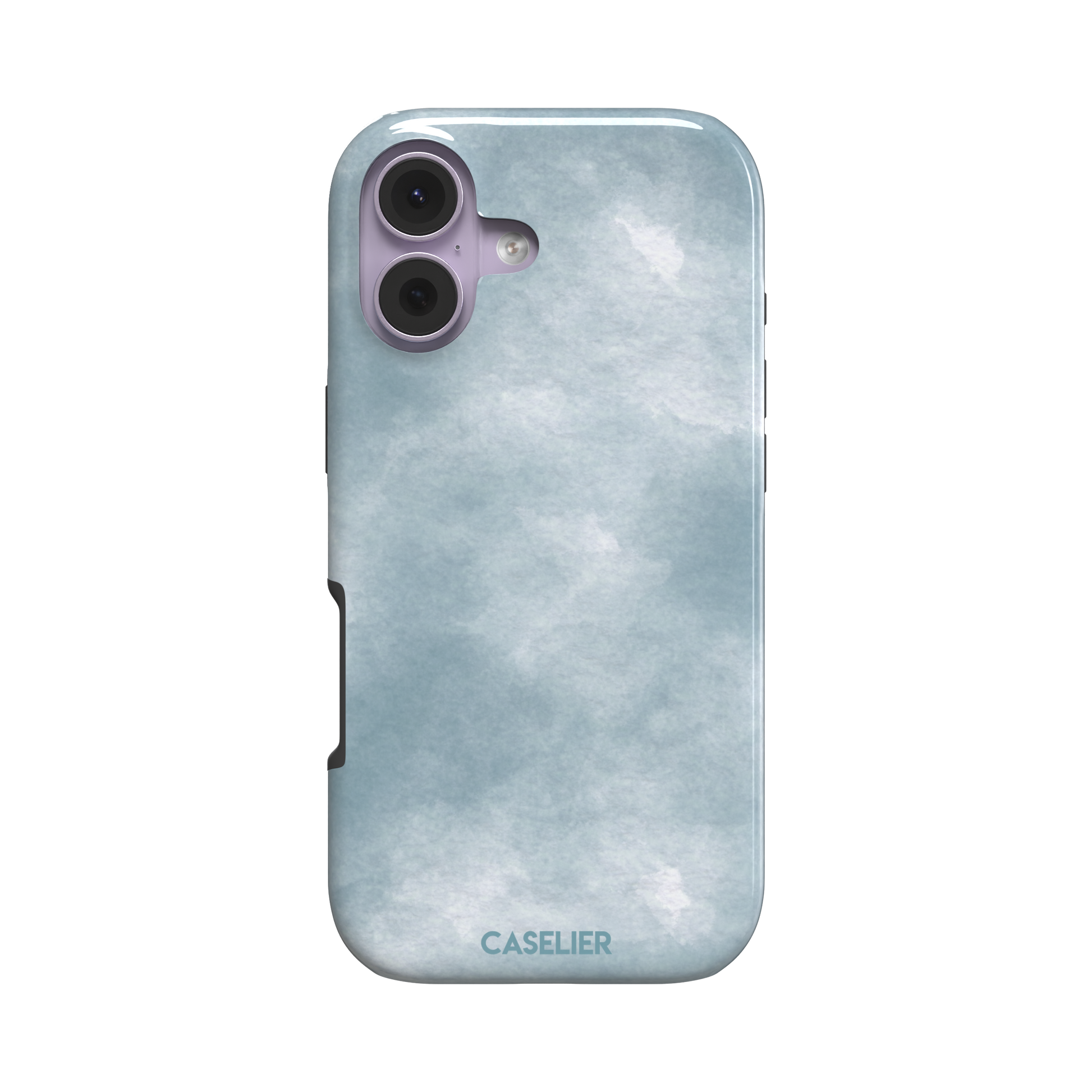 Soft powder-blue watercolor wash phone case with misty white cloud-like blends, phone case by Caselier — tough case, front view