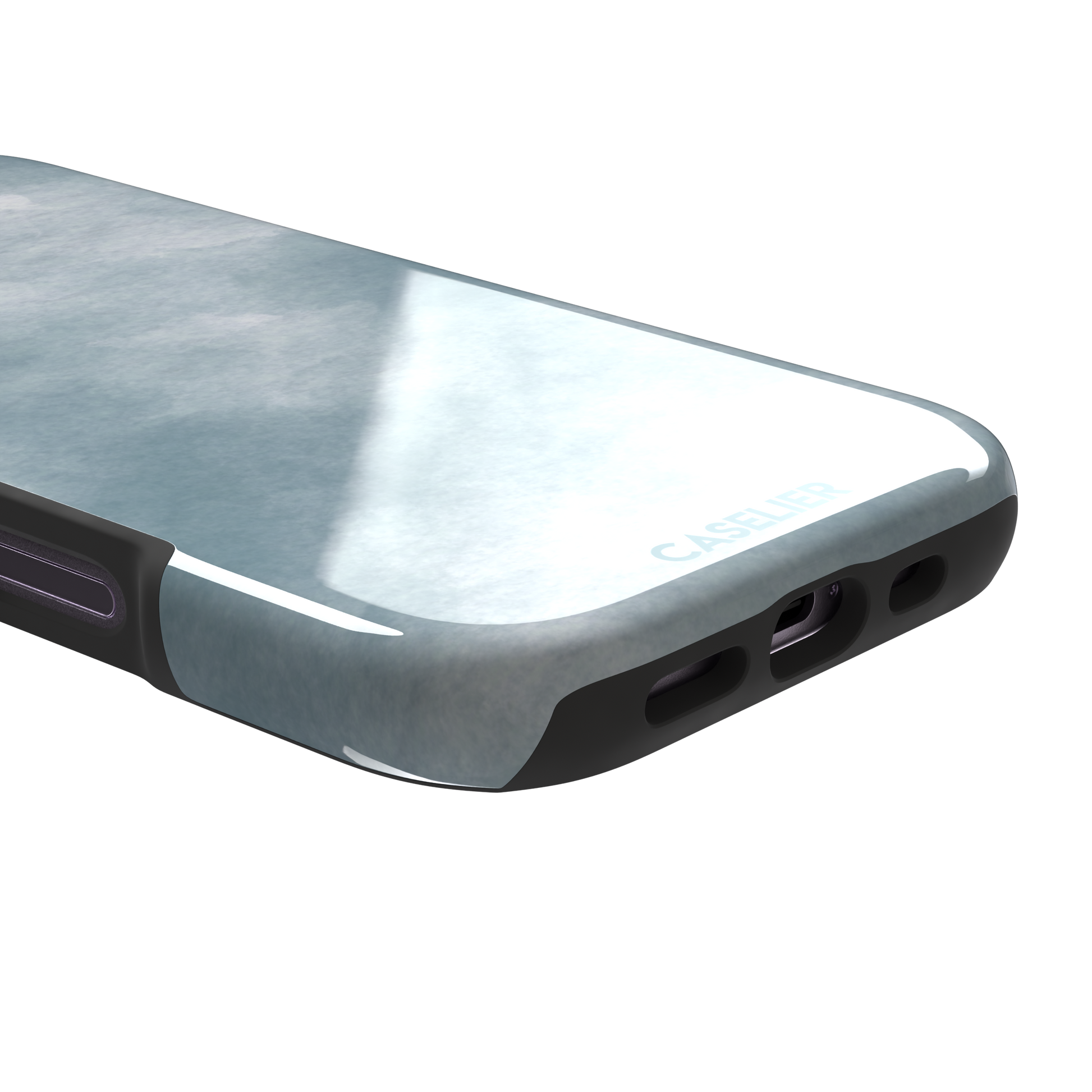 Soft powder-blue watercolor wash phone case with misty white cloud-like blends, phone case by Caselier — tough case, charging port detail