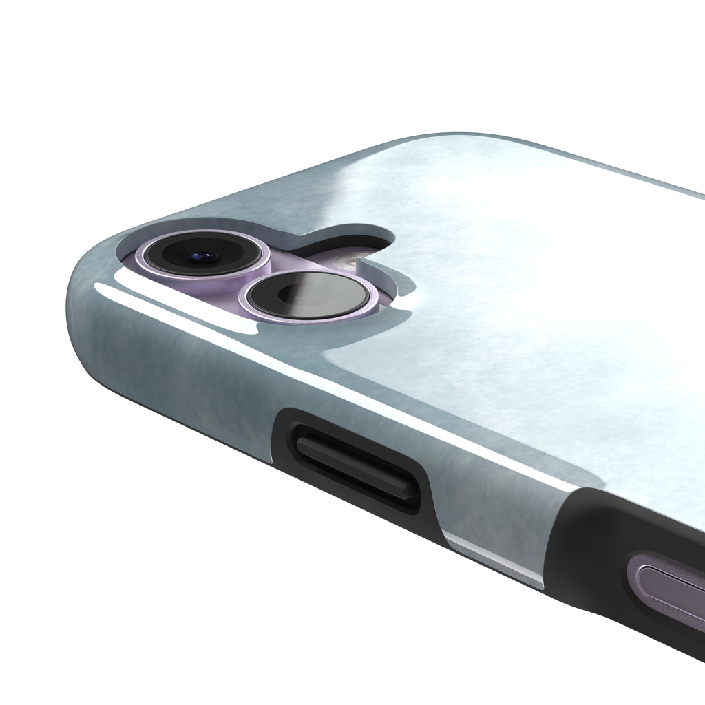 Soft powder-blue watercolor wash phone case with misty white cloud-like blends, phone case by Caselier — tough case, volume buttons detail