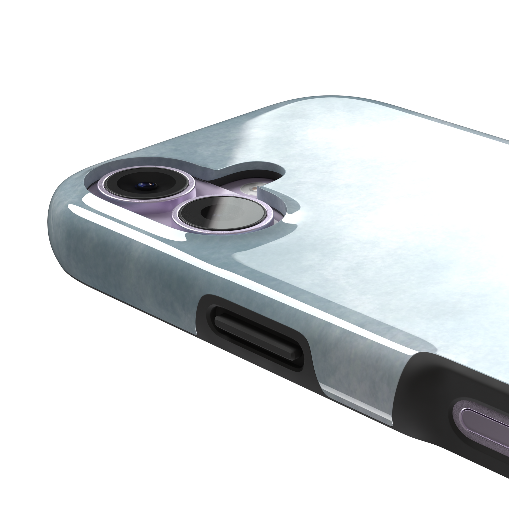 Soft powder-blue watercolor wash phone case with misty white cloud-like blends, phone case by Caselier — tough case, volume buttons detail
