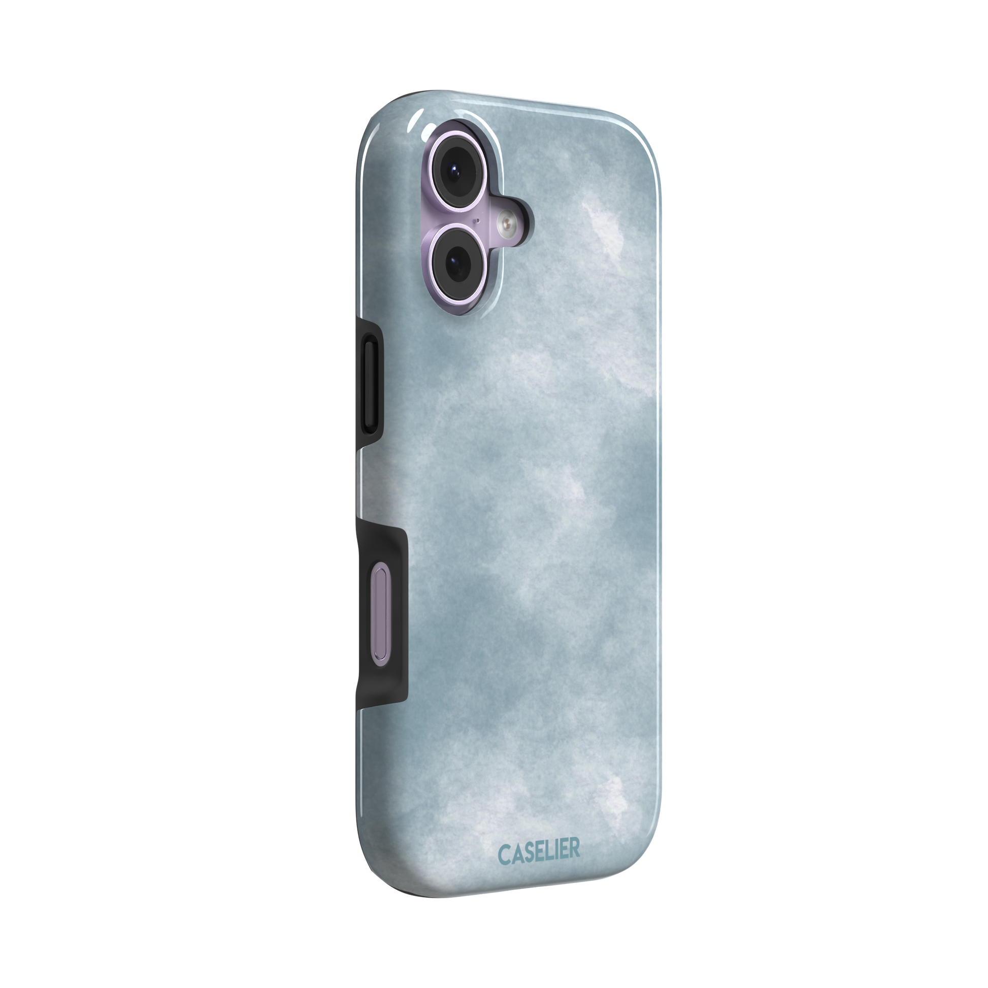 Soft powder-blue watercolor wash phone case with misty white cloud-like blends, phone case by Caselier — tough case, left view