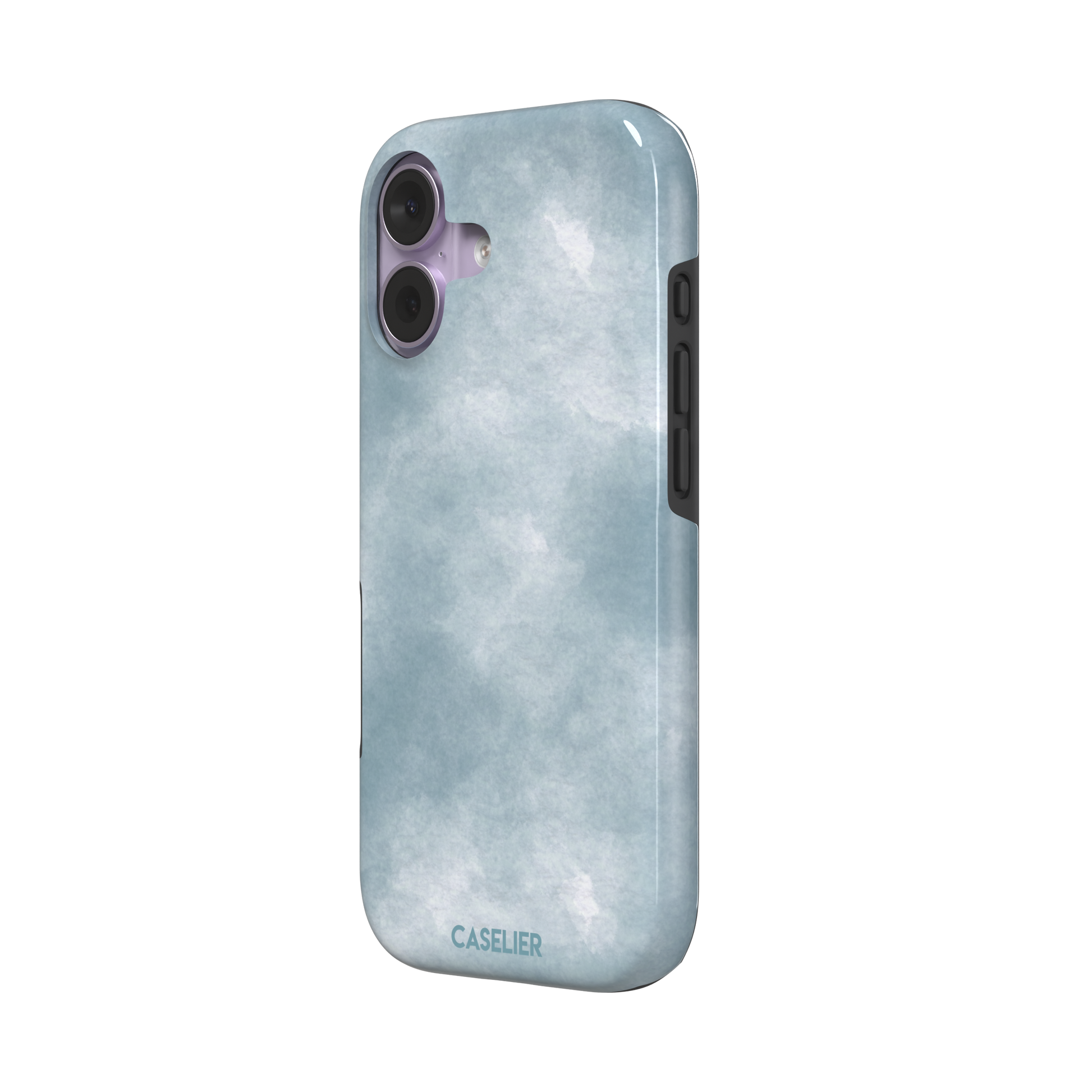 Soft powder-blue watercolor wash phone case with misty white cloud-like blends, phone case by Caselier — tough case, right view