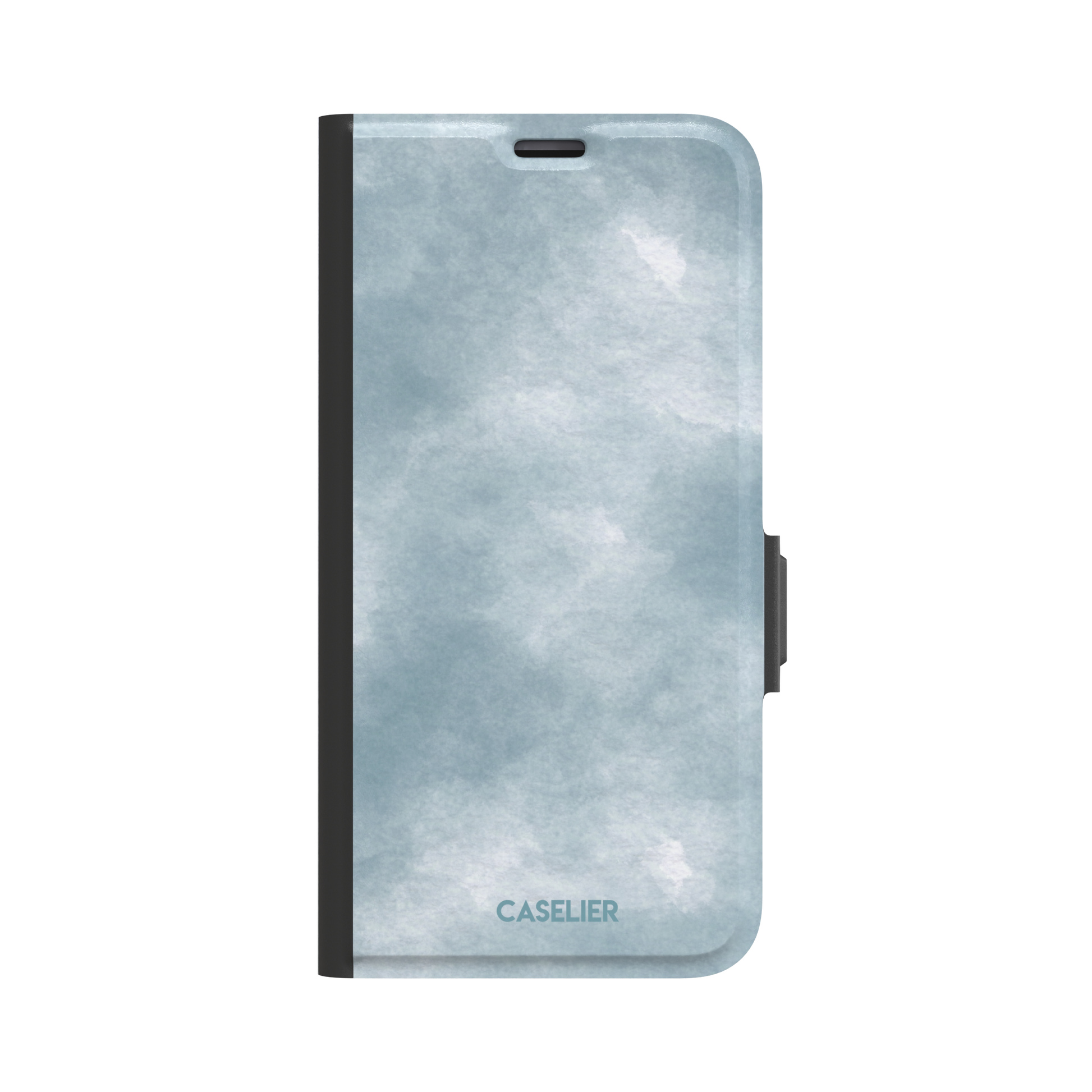 Soft powder-blue watercolor wash phone case with misty white cloud-like blends, phone case by Caselier — wallet case, front view
