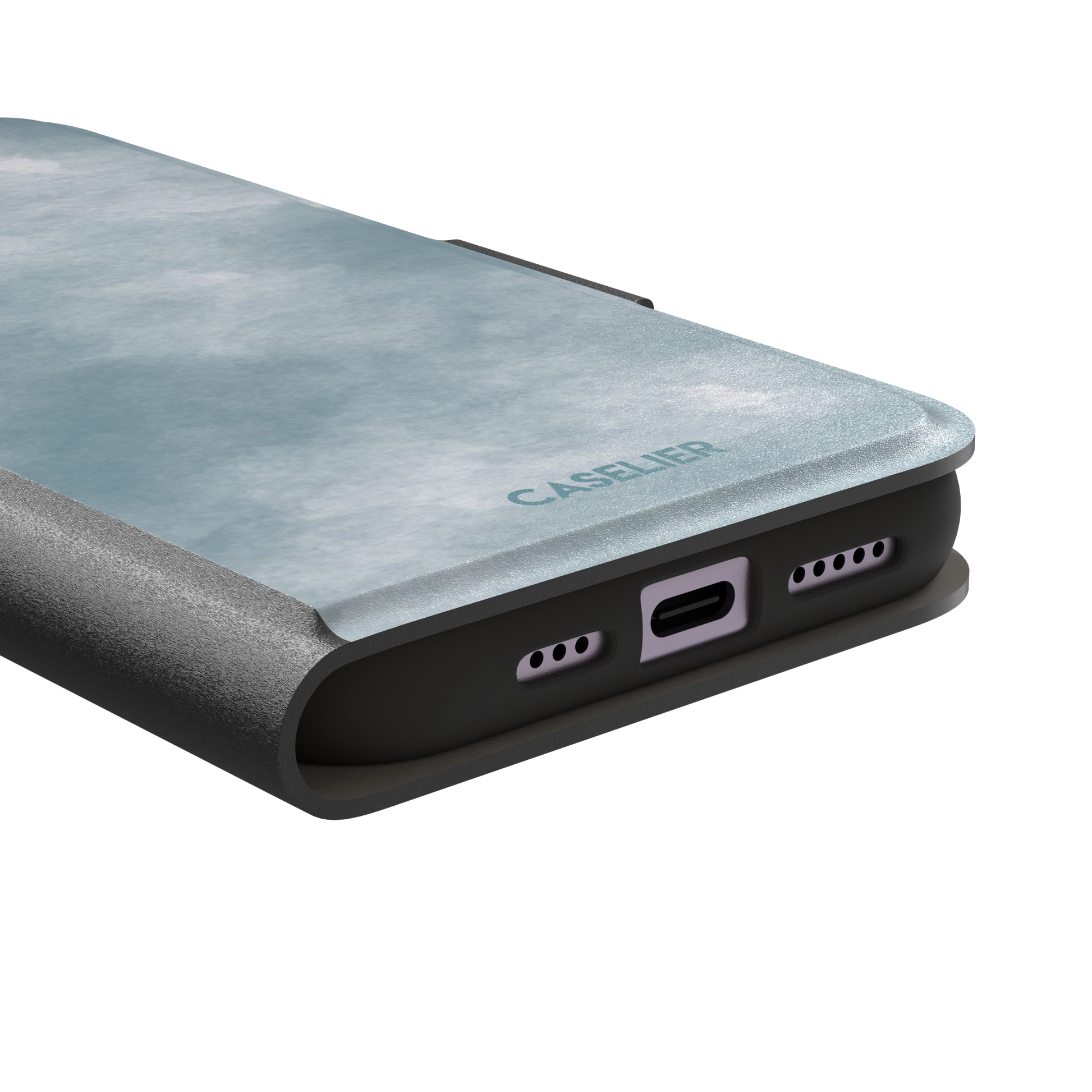 Soft powder-blue watercolor wash phone case with misty white cloud-like blends, phone case by Caselier — wallet case, charging port detail