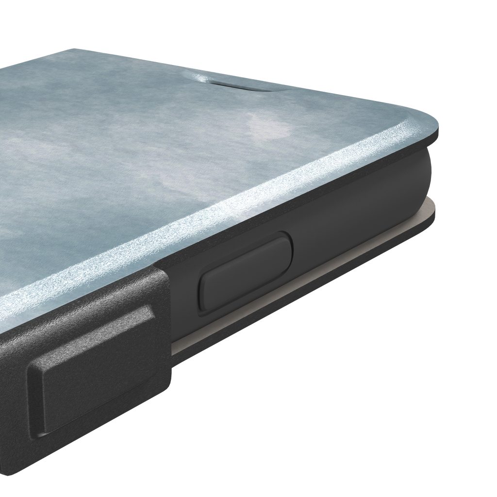 Soft powder-blue watercolor wash phone case with misty white cloud-like blends, phone case by Caselier — wallet case, volume buttons detail
