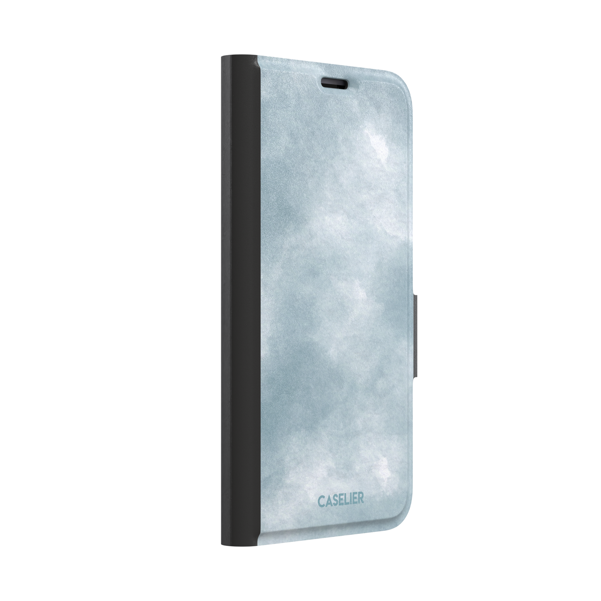 Soft powder-blue watercolor wash phone case with misty white cloud-like blends, phone case by Caselier — wallet case, left view