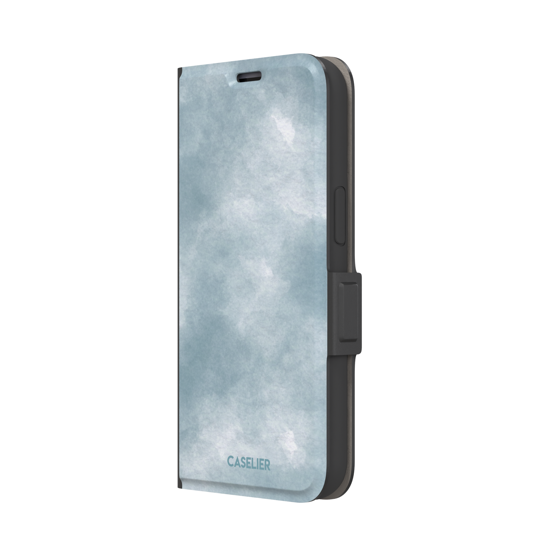 Soft powder-blue watercolor wash phone case with misty white cloud-like blends, phone case by Caselier — wallet case, right view