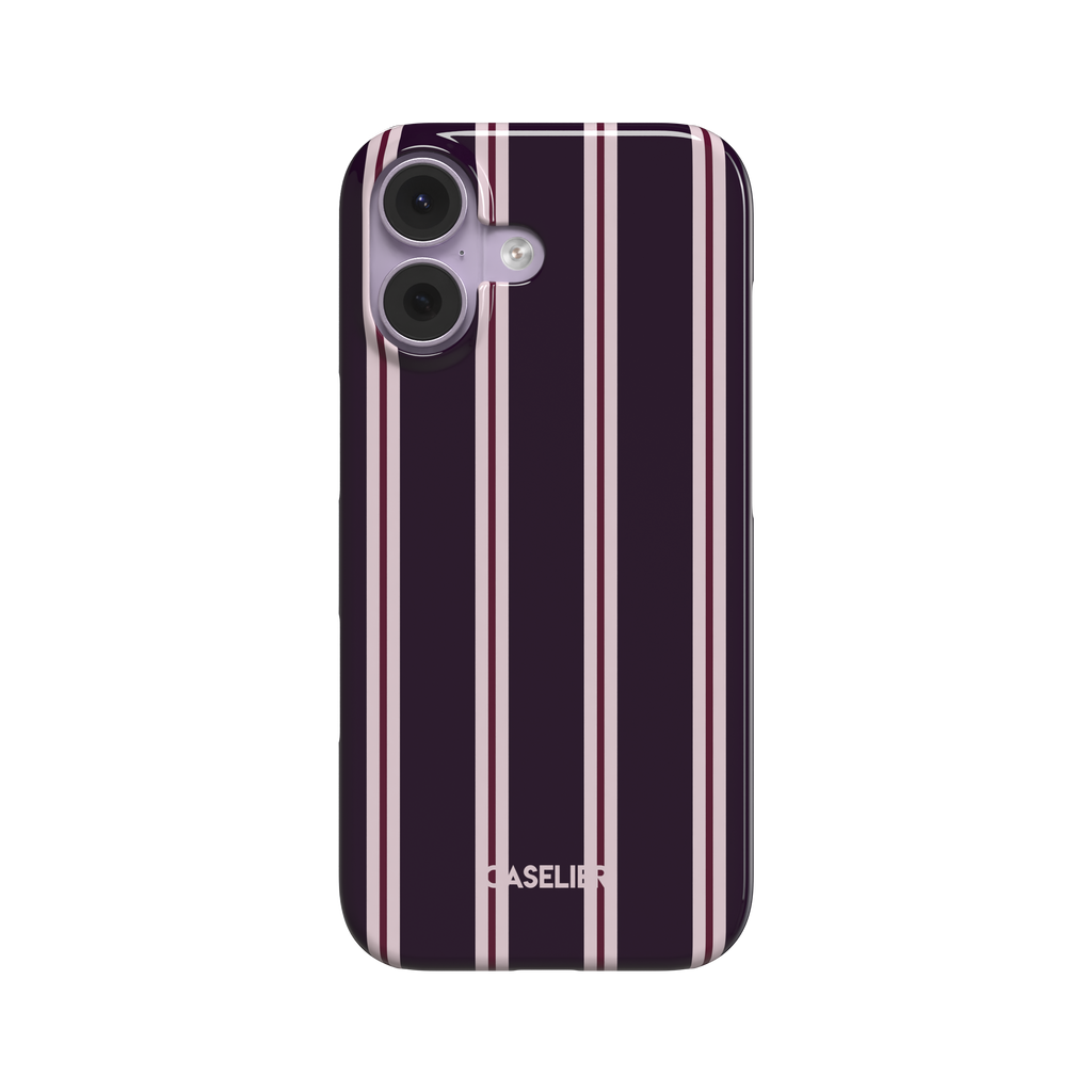 Bold Classy Stripes phone case in deep plum with paired blush pink and burgundy vertical stripes, glossy tough case style, front-facing primary product shot on white background, phone case by Caselier - snap case, front view | Caselier