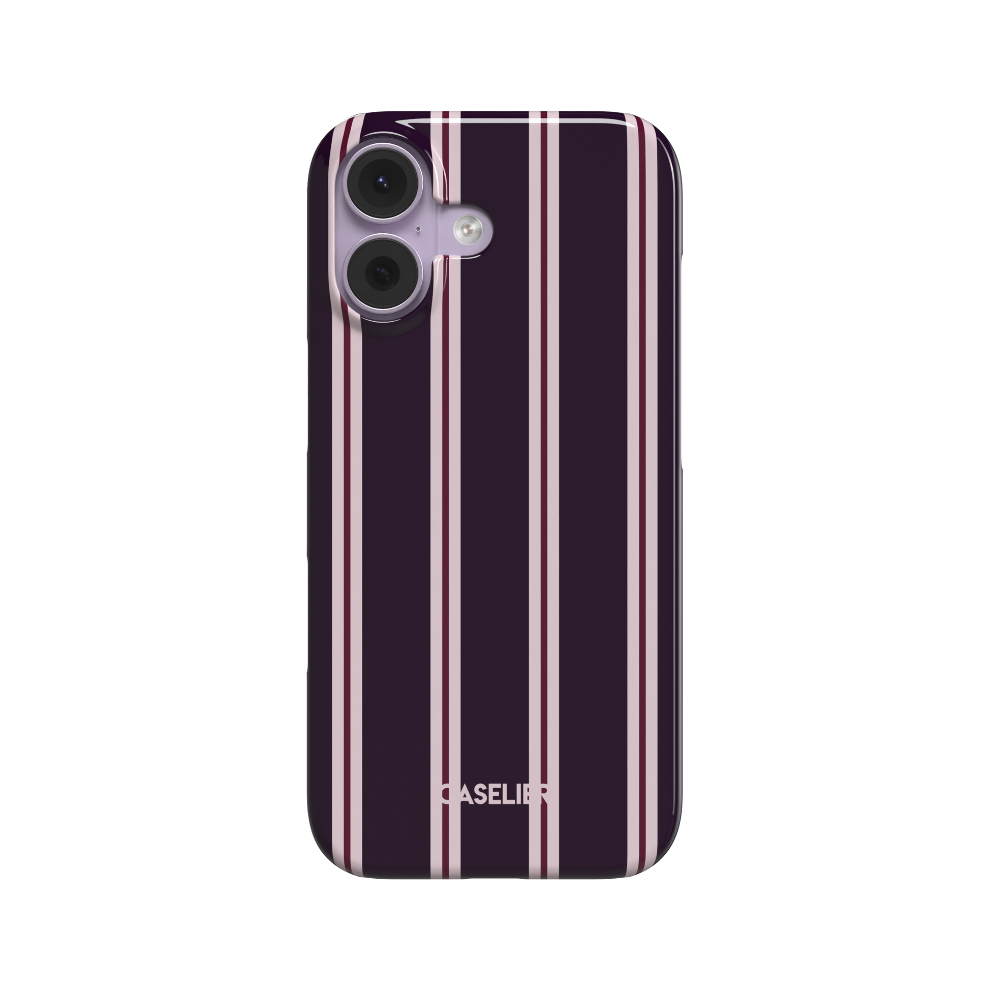 Bold Classy Stripes phone case in deep plum with paired blush pink and burgundy vertical stripes, glossy tough case style, front-facing primary product shot on white background, phone case by Caselier - snap case, front view | Caselier