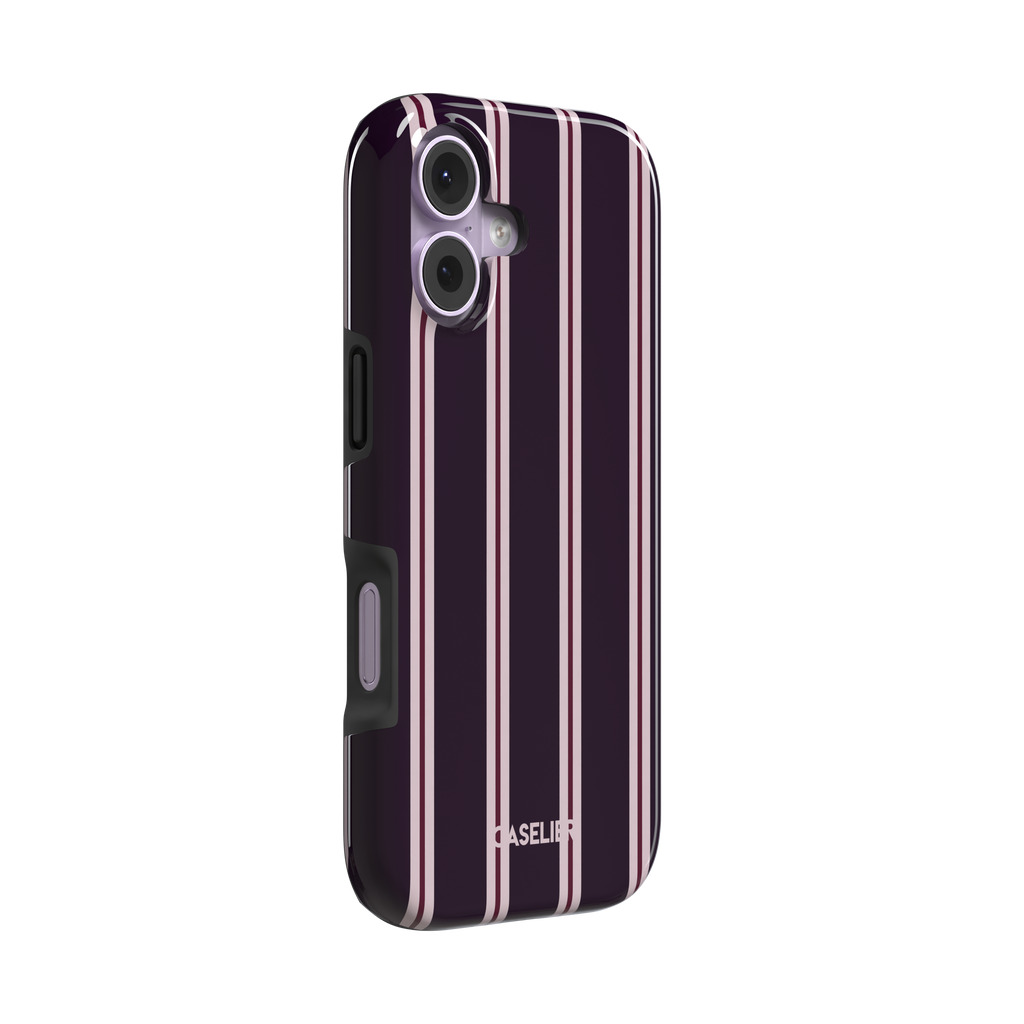 Bold Classy Stripes, vertical stripes in deep plum, dusty rose and burgundy, tough case, left view, phone case by Caselier