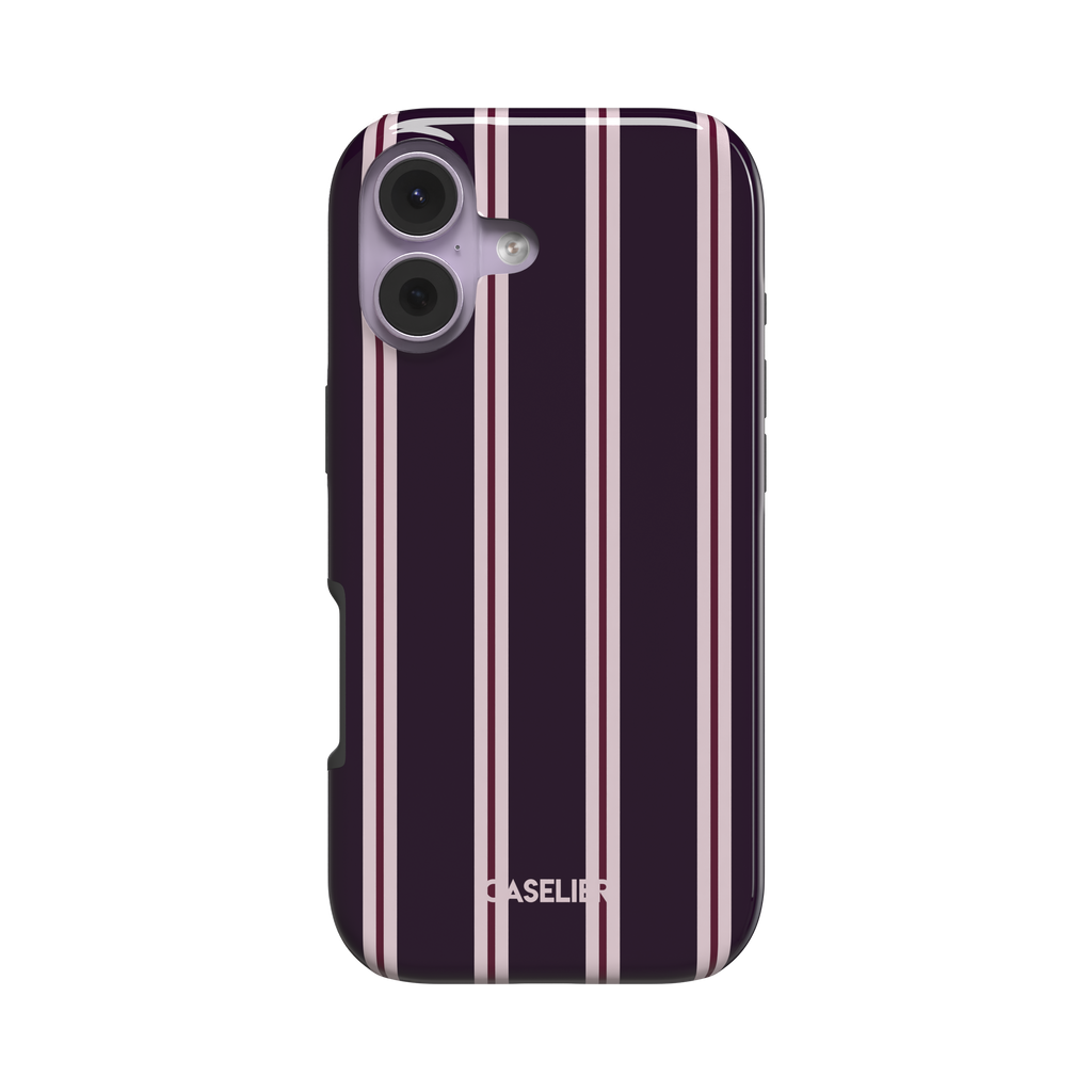 Bold Classy Stripes phone case in deep plum with blush pink and burgundy vertical stripes, slim snap case variant, slightly angled rear view on white background, phone case by Caselier - tough case, front view | Caselier