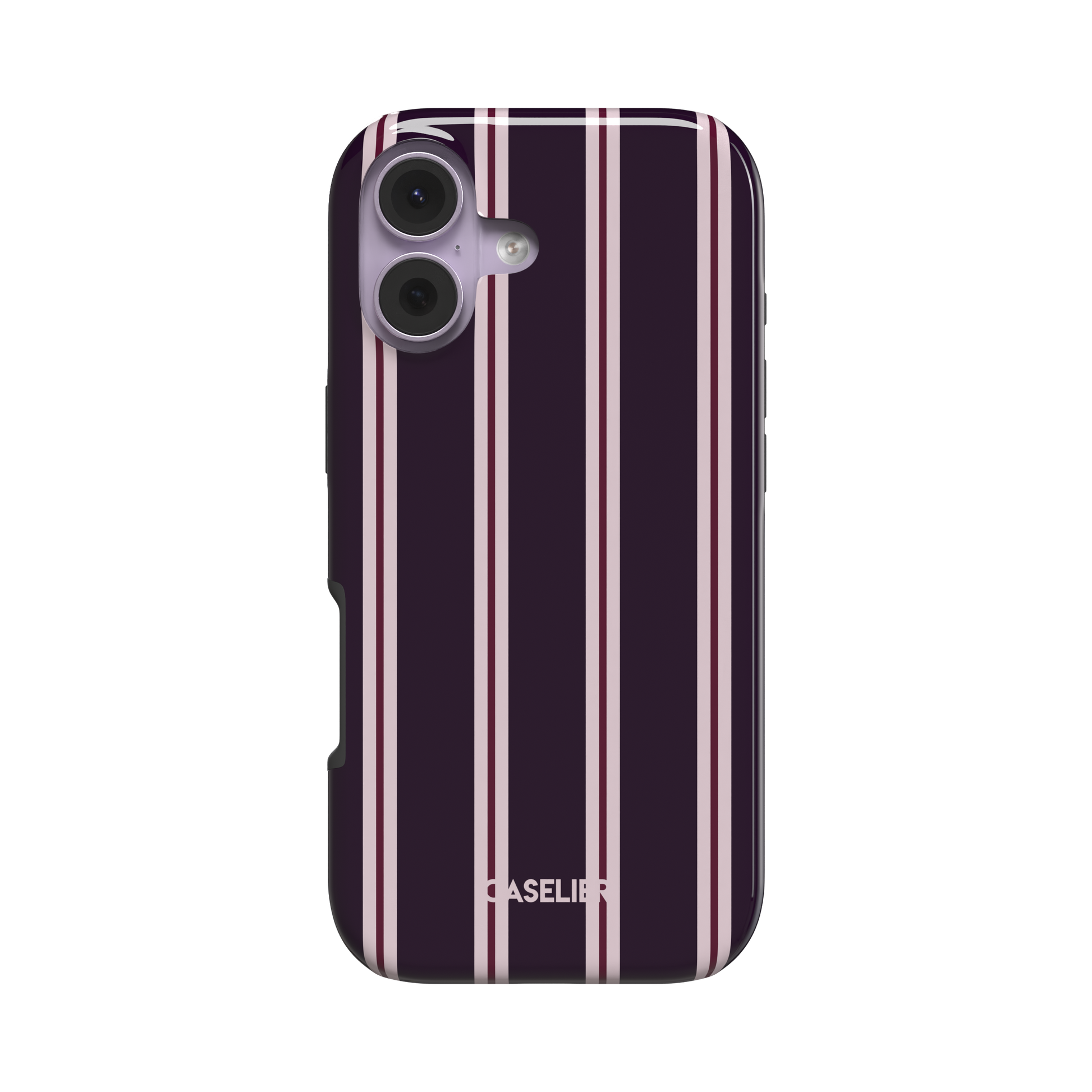 Bold Classy Stripes phone case in deep plum with blush pink and burgundy vertical stripes, slim snap case variant, slightly angled rear view on white background, phone case by Caselier - tough case, front view | Caselier