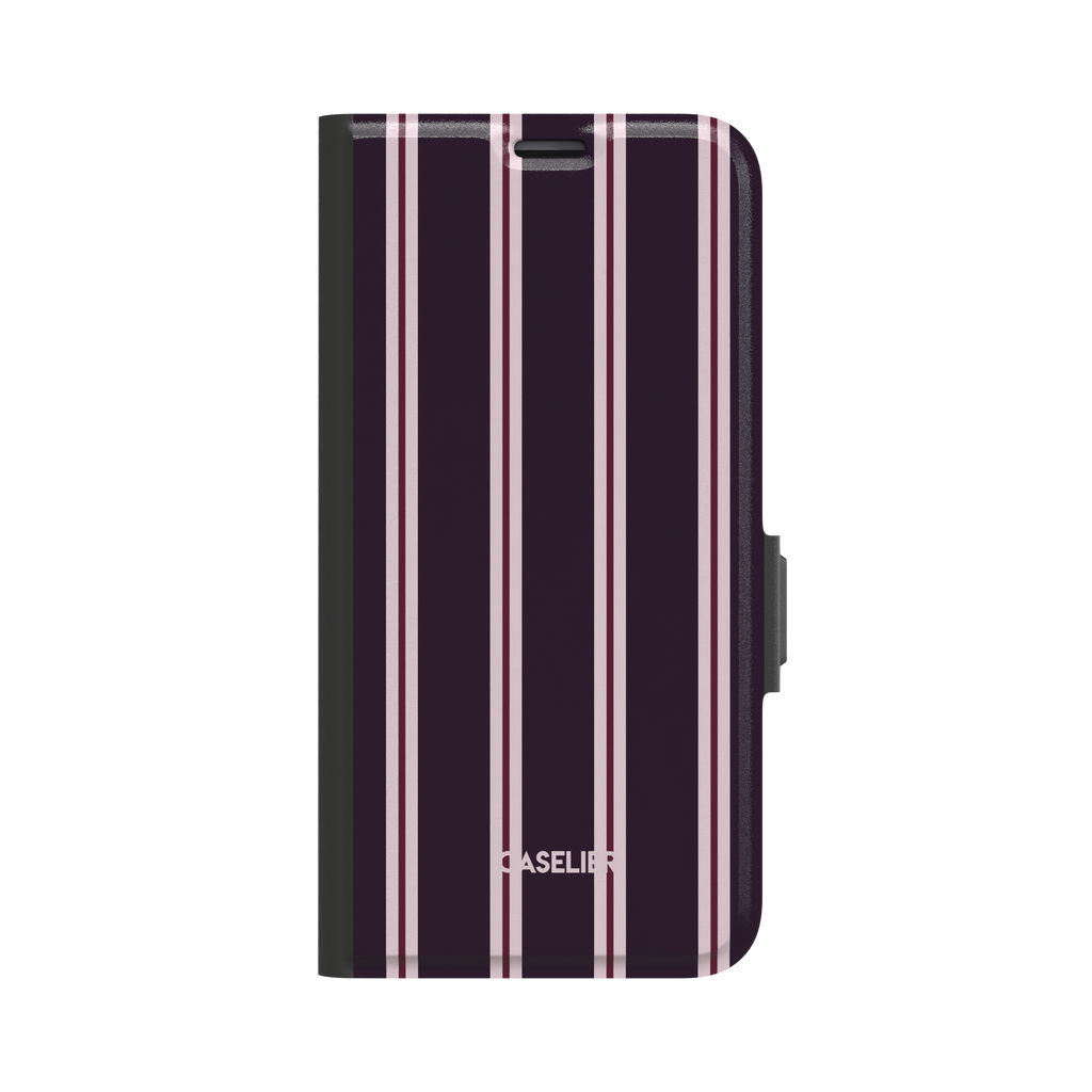 Bold Classy Stripes folio wallet case in deep plum with blush pink and burgundy vertical stripes, black border and magnetic clasp, front-facing flat lay on white background, phone case by Caselier - wallet case, front view | Caselier