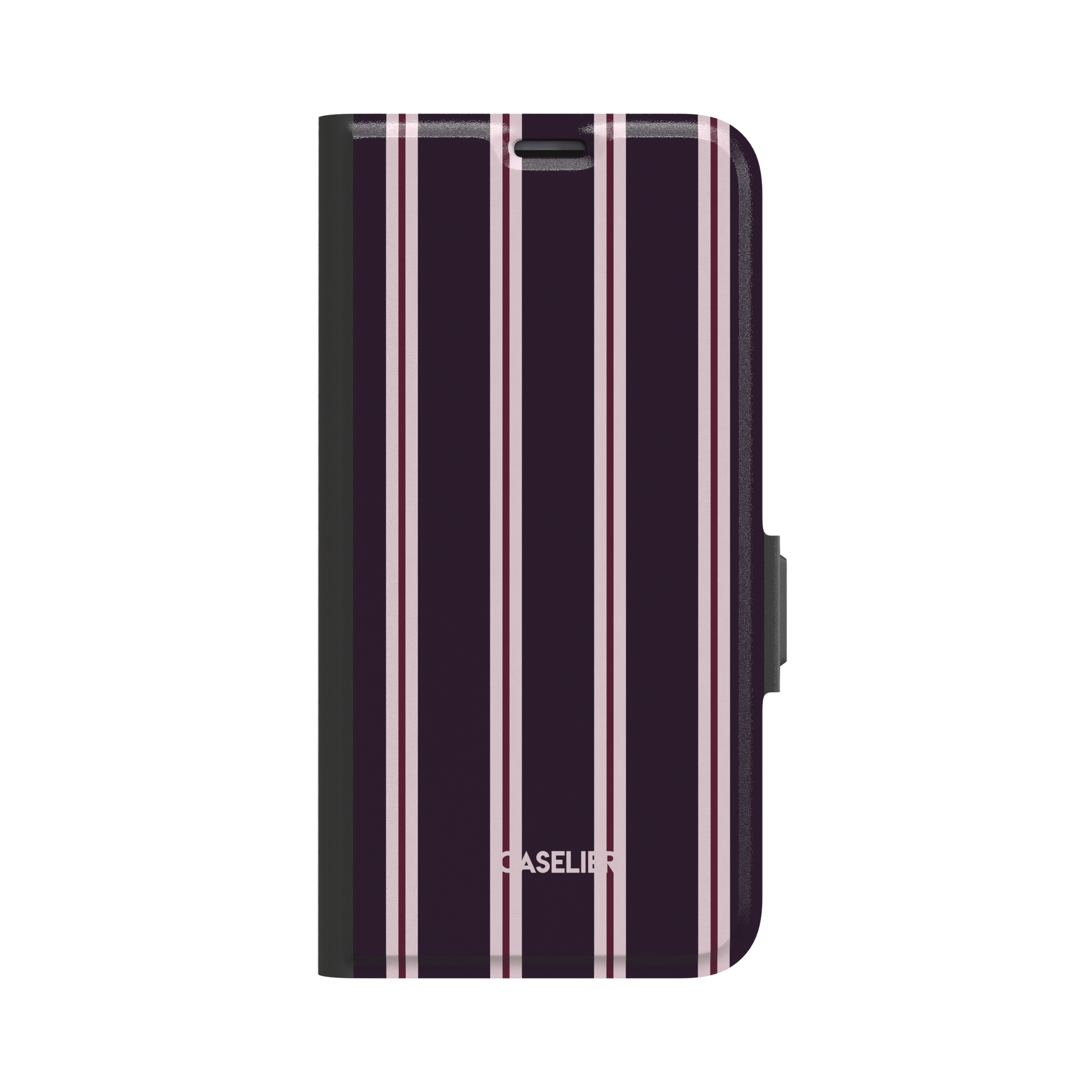 Bold Classy Stripes folio wallet case in deep plum with blush pink and burgundy vertical stripes, black border and magnetic clasp, front-facing flat lay on white background, phone case by Caselier - wallet case, front view | Caselier
