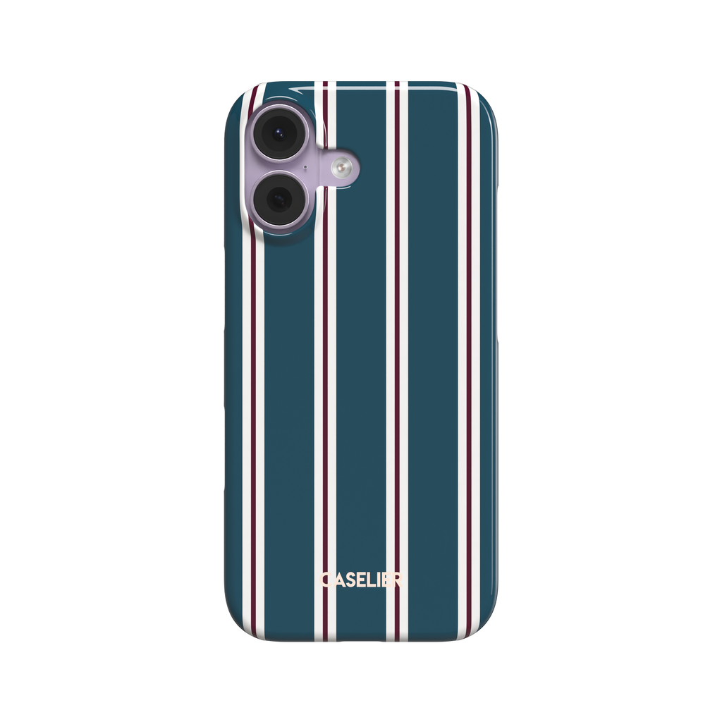Bold Classy Stripes phone case in teal blue with white and burgundy vertical stripe pairs, glossy tough case style, front-facing primary shot on white background, phone case by Caselier - snap case, front view | Caselier