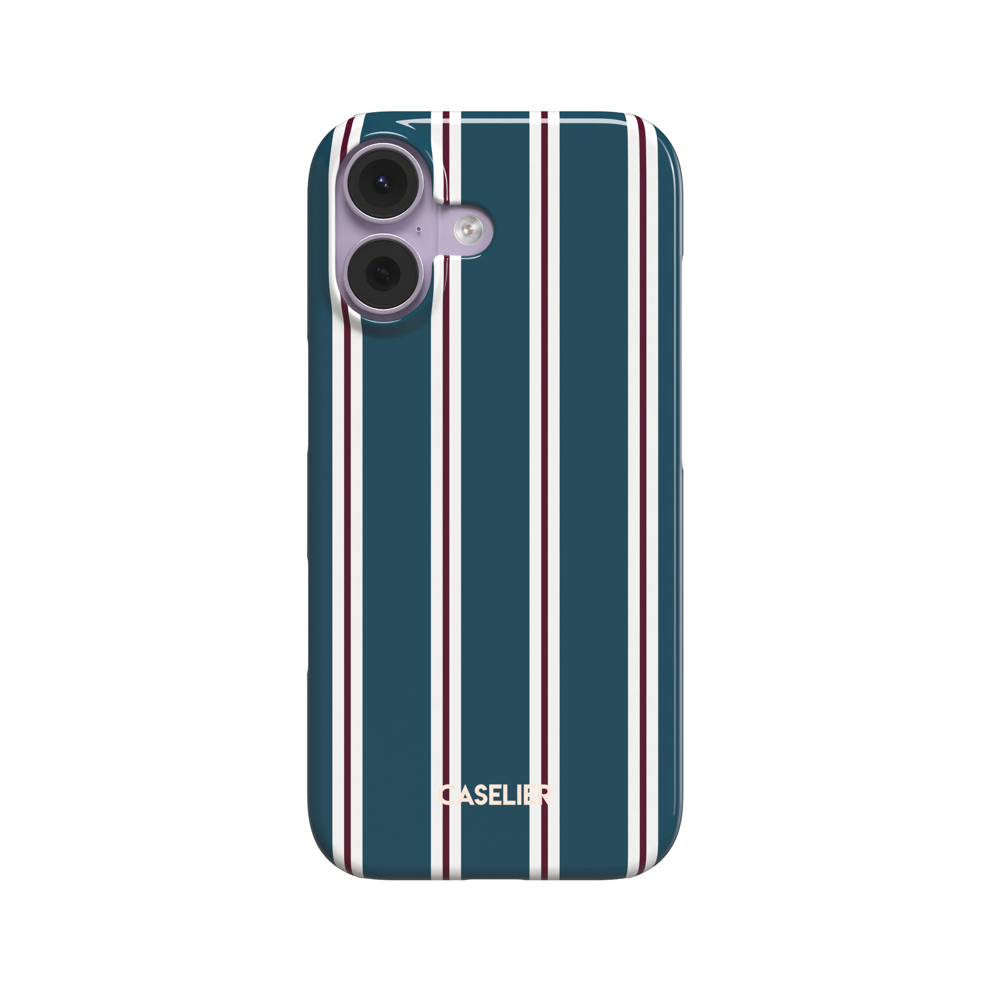 Bold Classy Stripes phone case in teal blue with white and burgundy vertical stripe pairs, glossy tough case style, front-facing primary shot on white background, phone case by Caselier - snap case, front view | Caselier