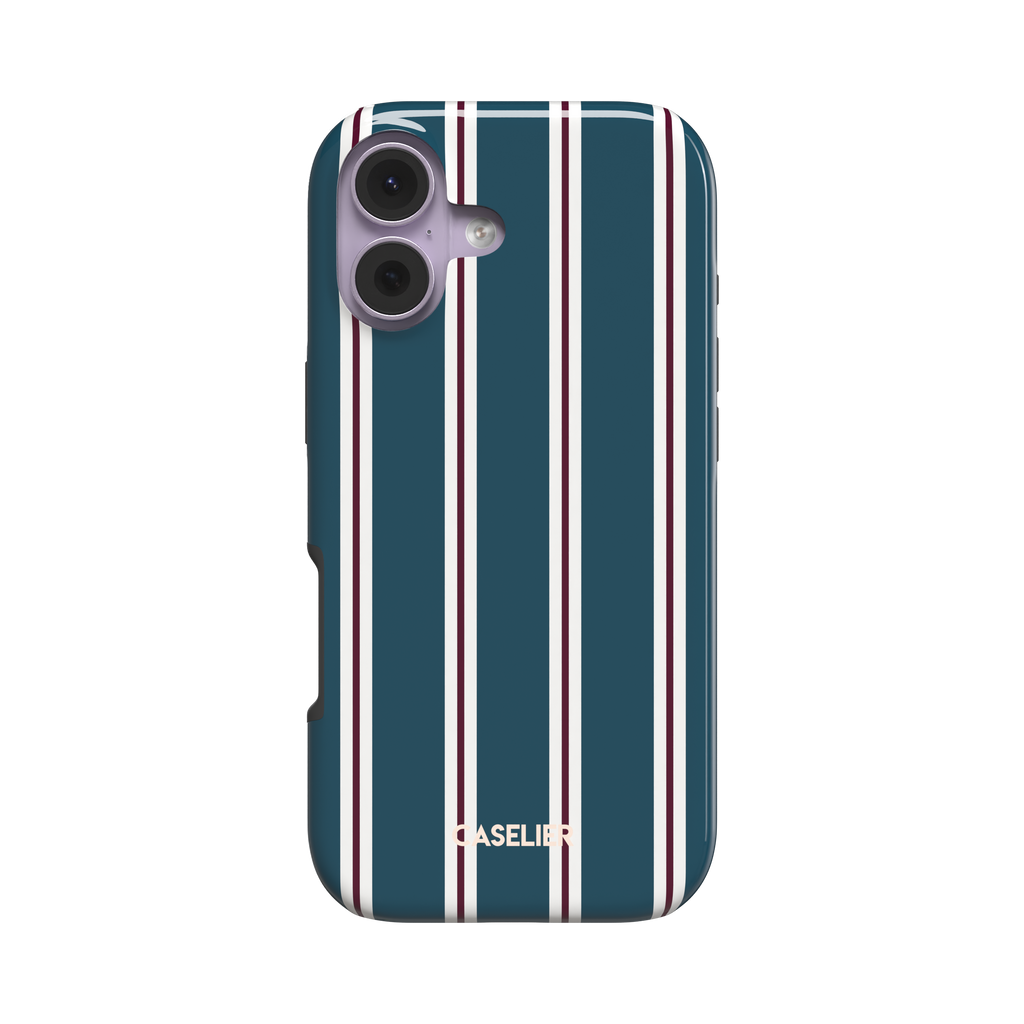 Bold Classy Stripes phone case in teal blue with white and burgundy vertical stripes, slim snap case variant, slightly angled rear view on white background, phone case by Caselier - tough case, front view | Caselier