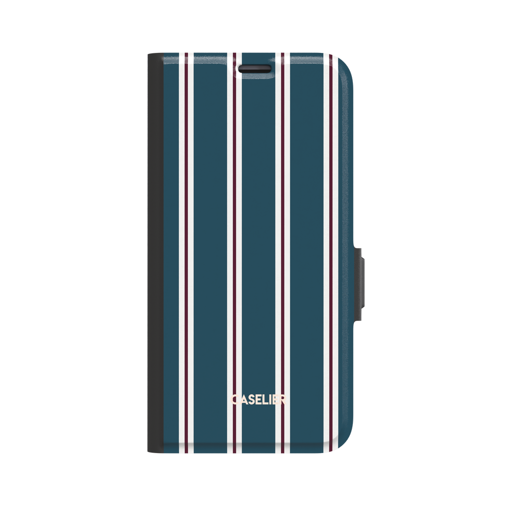 Bold Classy Stripes folio wallet case in teal blue with white and burgundy vertical stripe pairs, black border and side clasp, front-facing flat lay on white background, phone case by Caselier - wallet case, front view | Caselier
