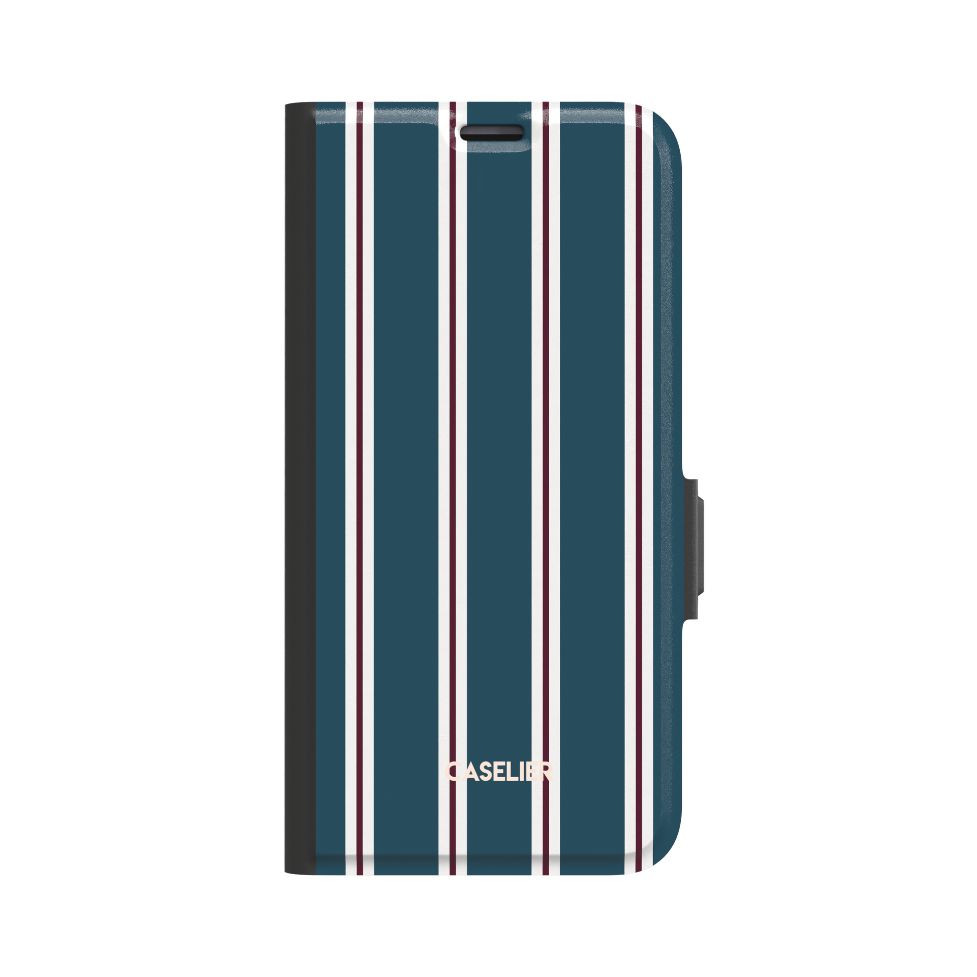 Bold Classy Stripes folio wallet case in teal blue with white and burgundy vertical stripe pairs, black border and side clasp, front-facing flat lay on white background, phone case by Caselier - wallet case, front view | Caselier