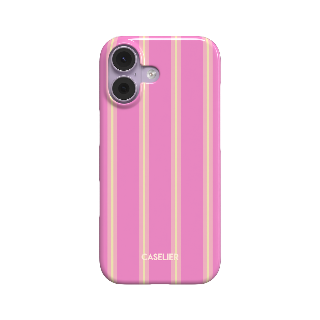 Bold Classy Stripes phone case in hot pink with soft yellow vertical stripe pairs, glossy tough case style, front-facing shot on white background, phone case by Caselier - snap case, front view | Caselier