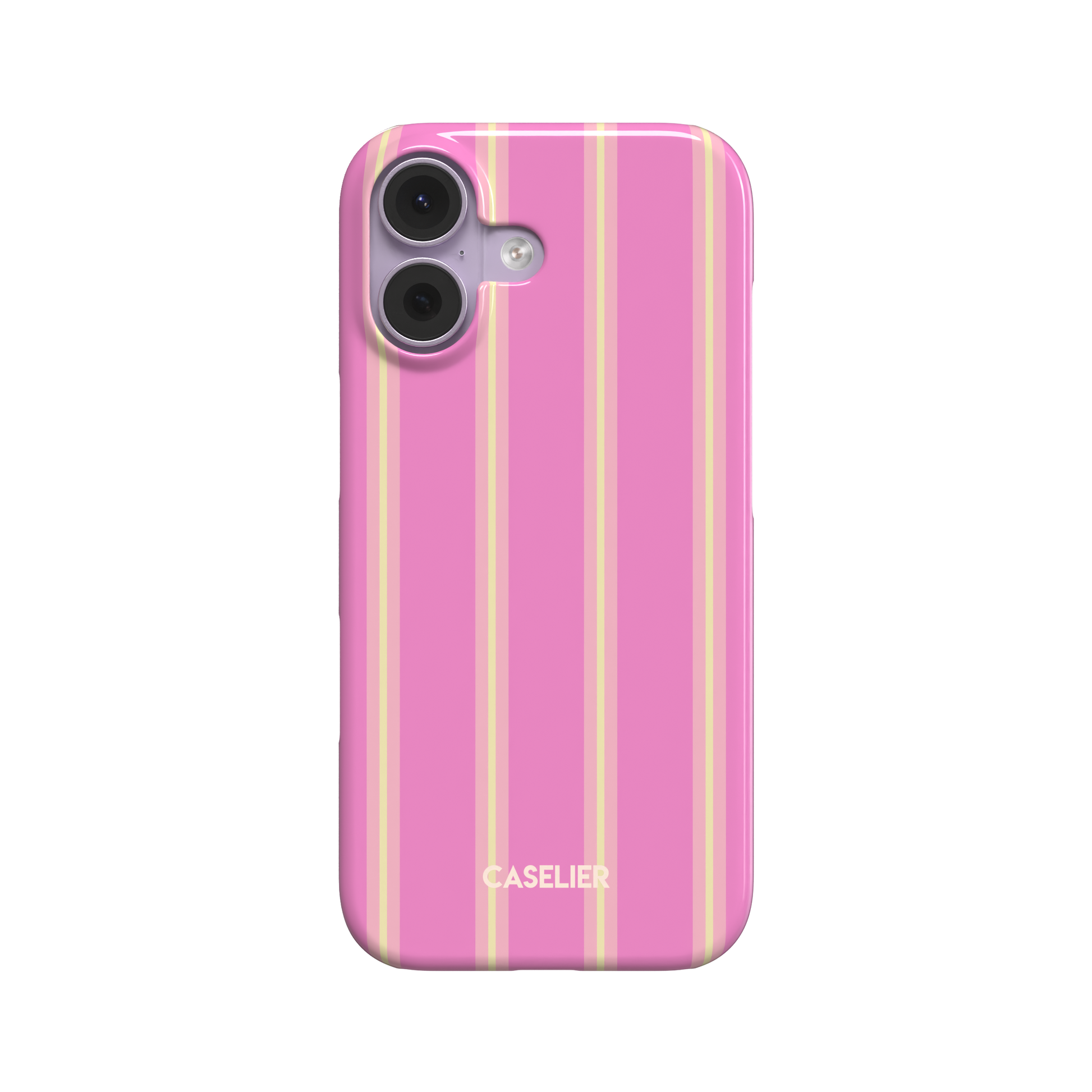 Bold Classy Stripes phone case in hot pink with soft yellow vertical stripe pairs, glossy tough case style, front-facing shot on white background, phone case by Caselier - snap case, front view | Caselier
