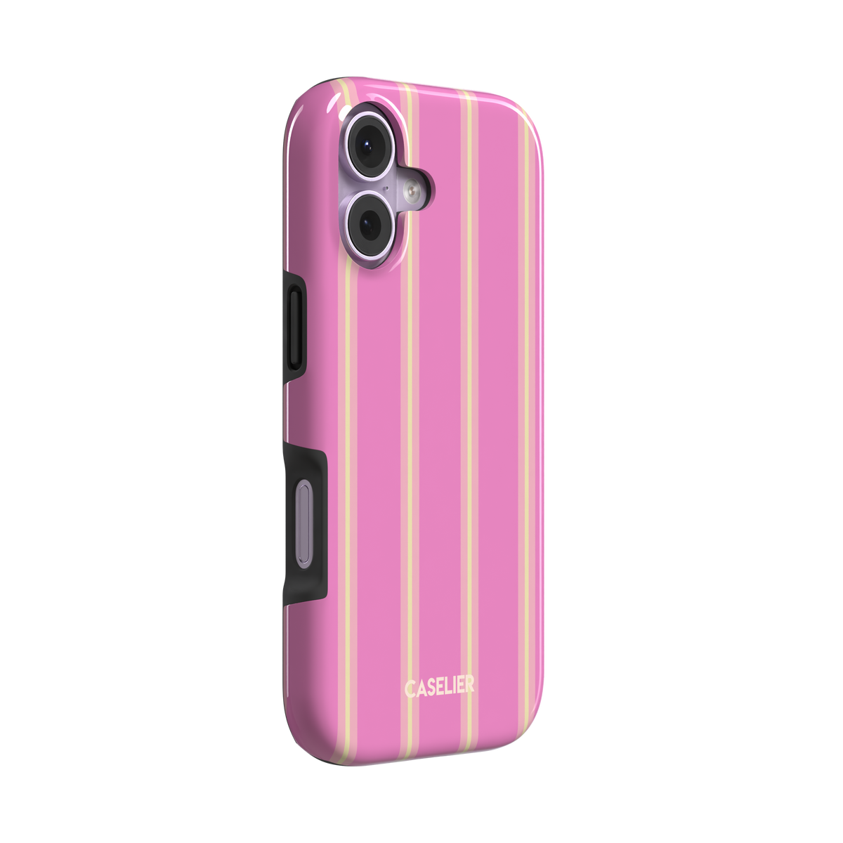 Bold Classy Stripes, vertical stripes in bubblegum pink and pale yellow, tough case, left view, phone case by Caselier