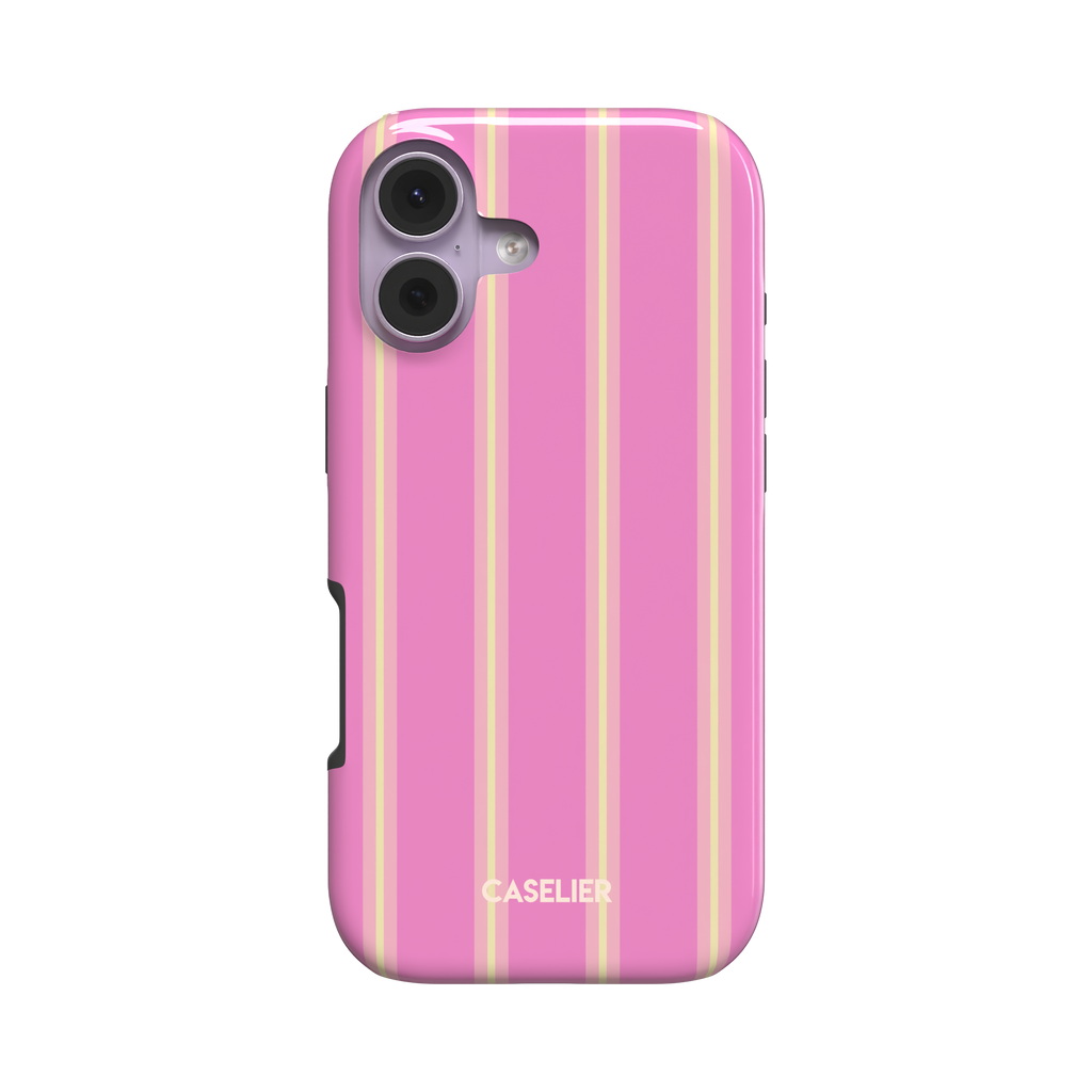 Bold Classy Stripes phone case in hot pink with soft yellow vertical stripes, slim snap case variant, angled rear view showing side profile on white background, phone case by Caselier - tough case, front view | Caselier
