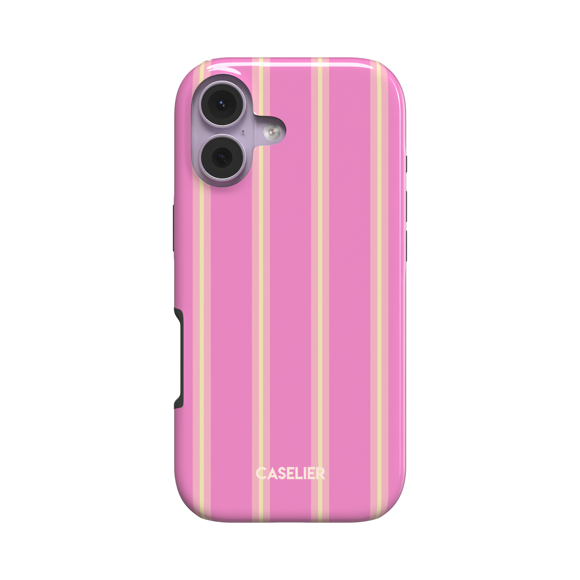 Bold Classy Stripes phone case in hot pink with soft yellow vertical stripes, slim snap case variant, angled rear view showing side profile on white background, phone case by Caselier - tough case, front view | Caselier