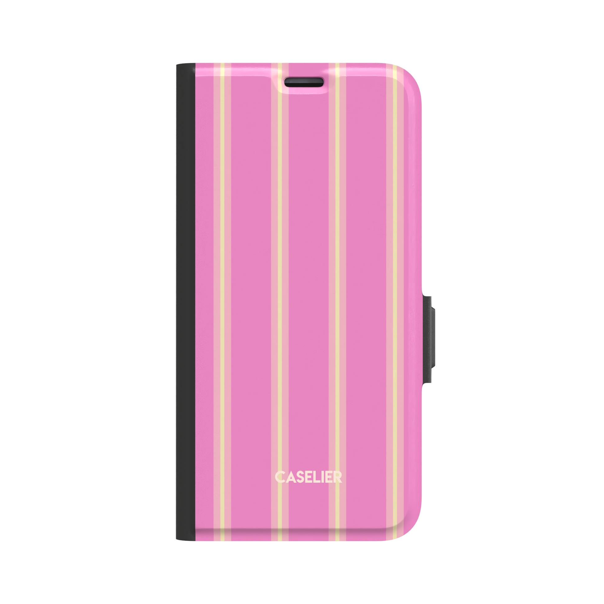 Bold Classy Stripes folio wallet case in hot pink with soft yellow vertical stripe pairs, black border and side clasp, front-facing flat lay on white background, phone case by Caselier - wallet case, front view | Caselier
