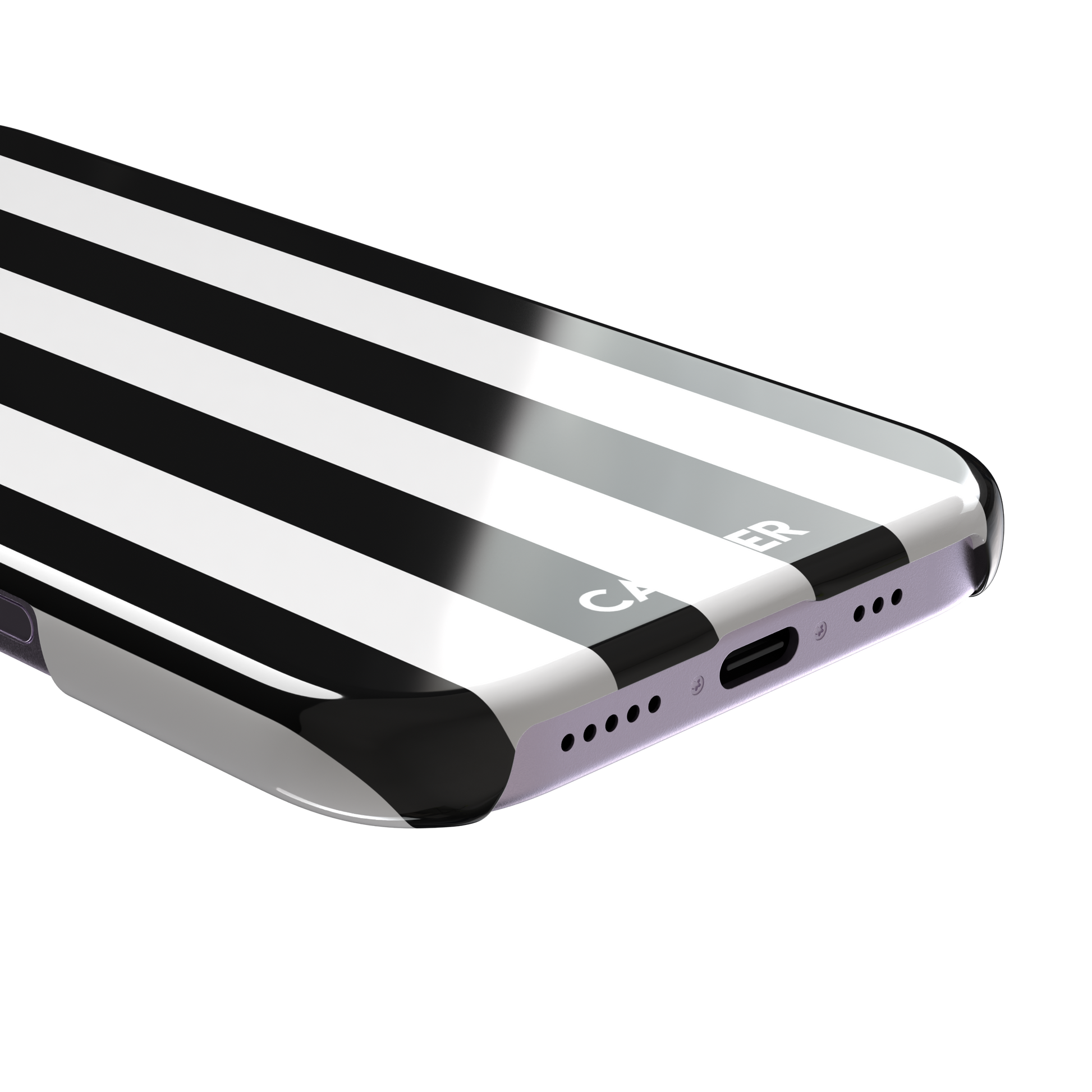 Bold Stripes phone case in black and white vertical stripes on, phone case by Caselier — snap case, charging port detail