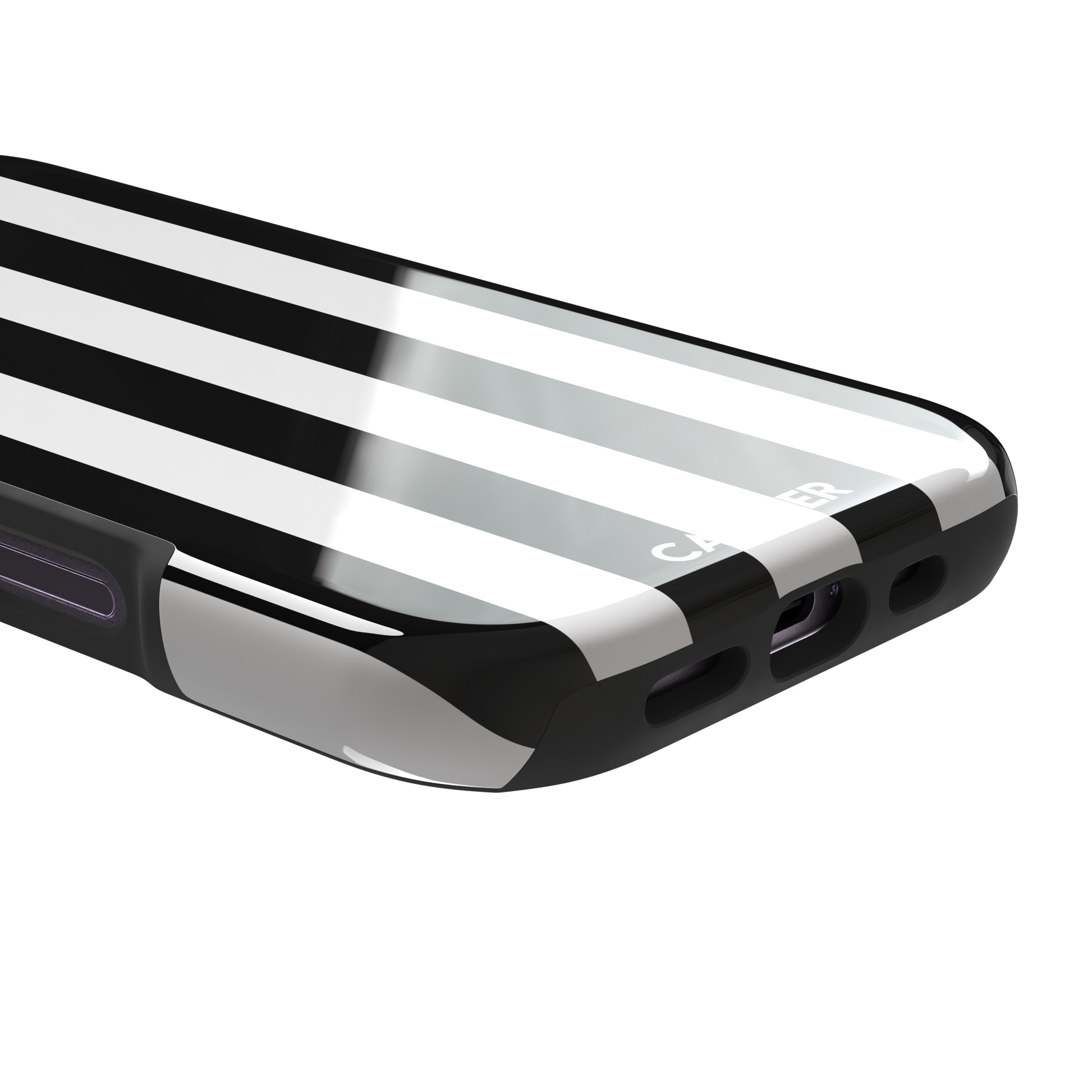 Bold Stripes phone case in black and white vertical stripes on, phone case by Caselier — tough case, charging port detail