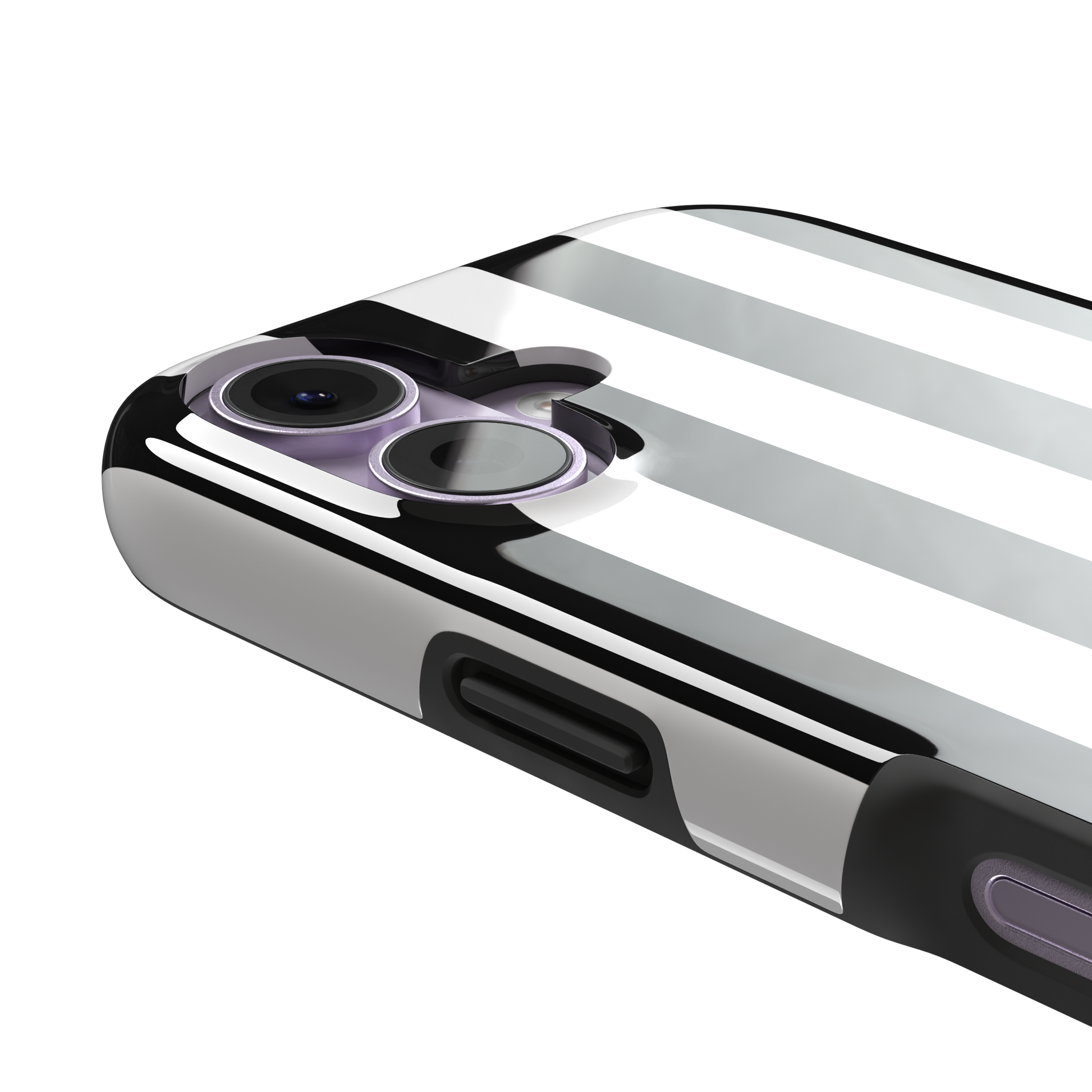 Bold Stripes phone case in black and white vertical stripes on, phone case by Caselier — tough case, volume buttons detail