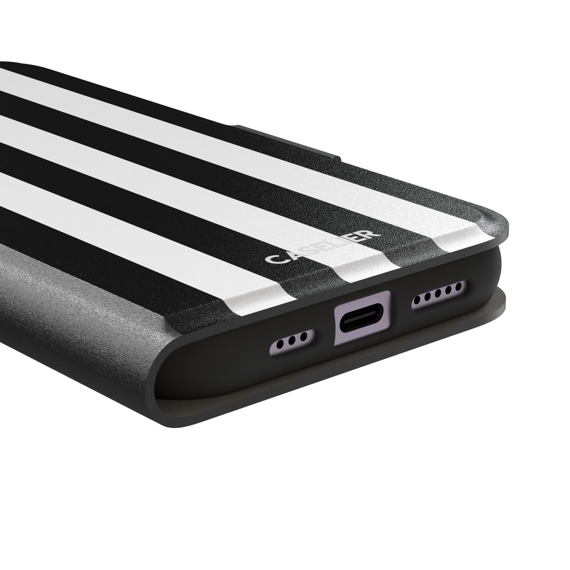 Bold Stripes phone case in black and white vertical stripes on, phone case by Caselier — wallet case, charging port detail