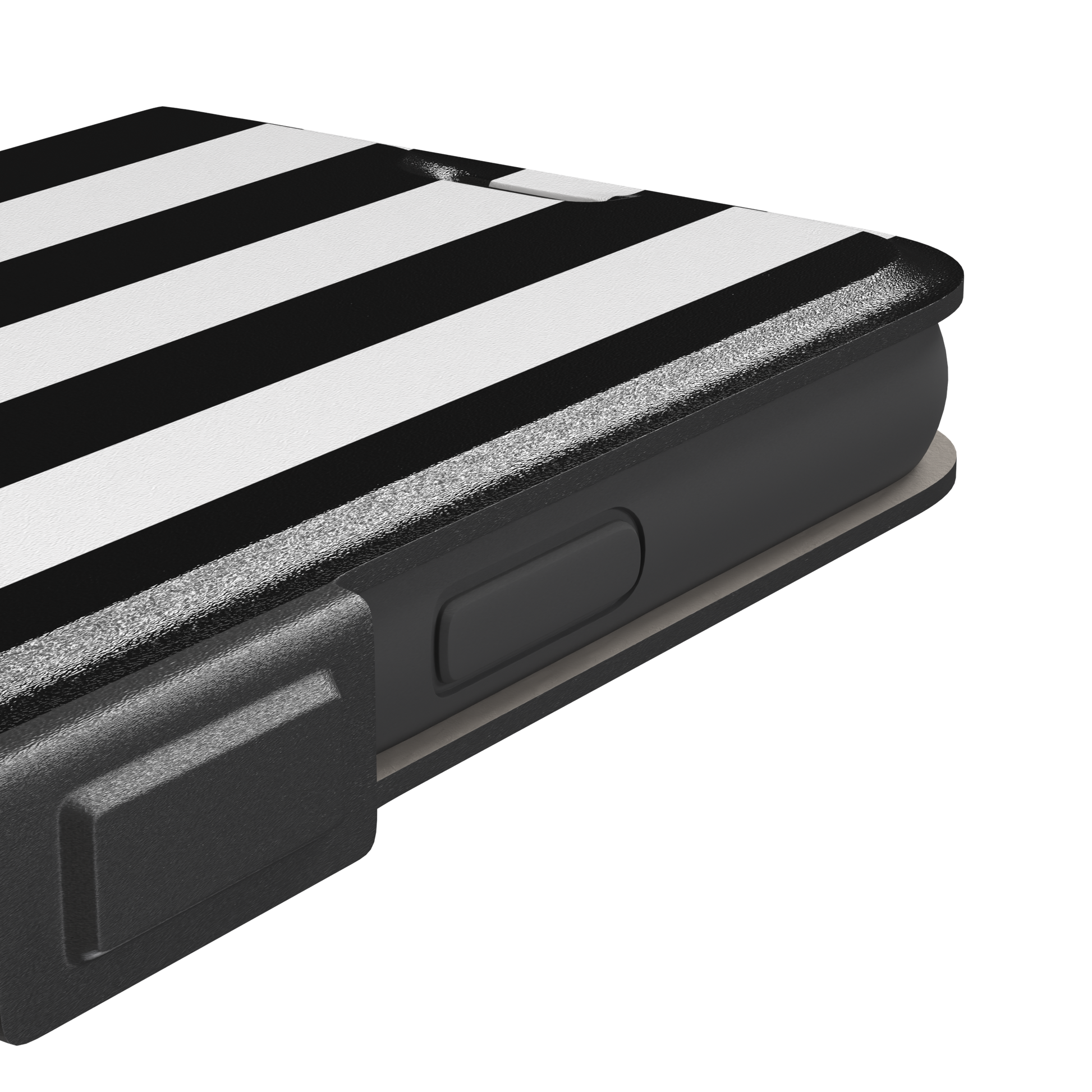 Bold Stripes phone case in black and white vertical stripes on, phone case by Caselier — wallet case, volume buttons detail