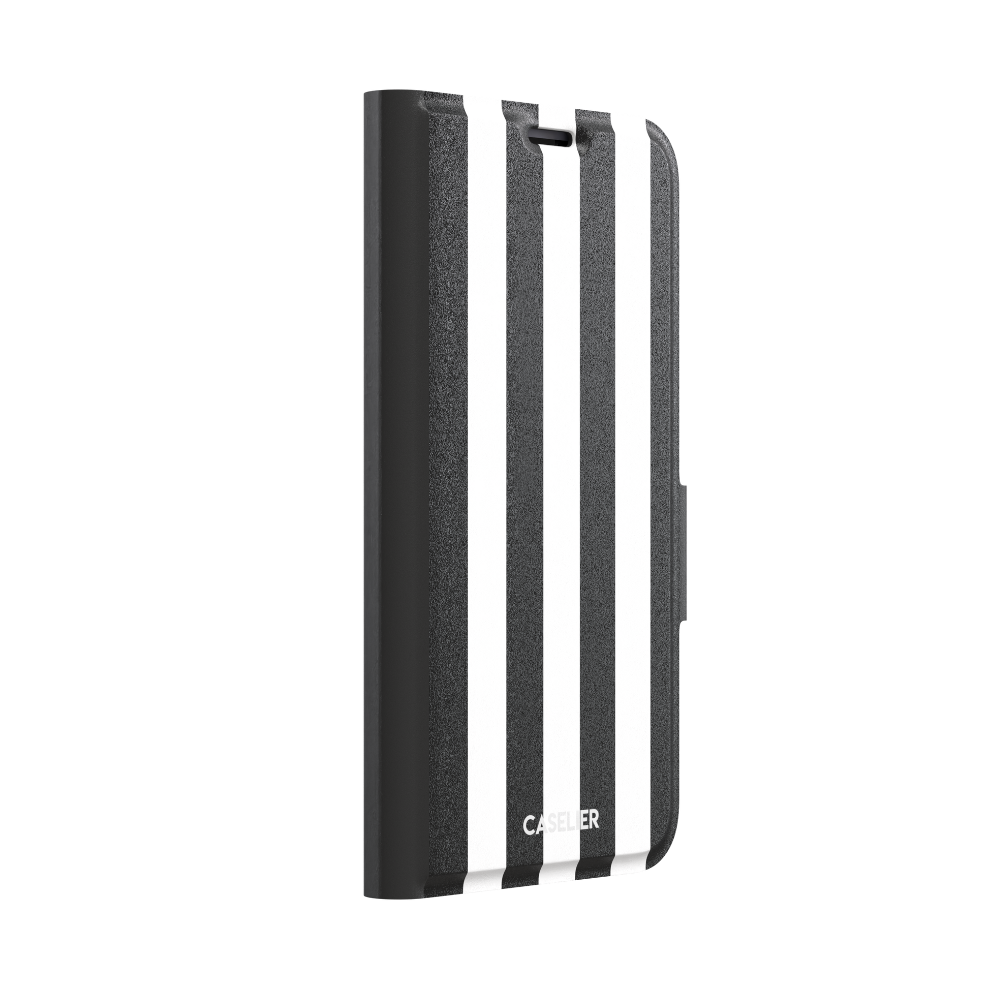 Bold Stripes phone case in black and white vertical stripes on, phone case by Caselier — wallet case, left view