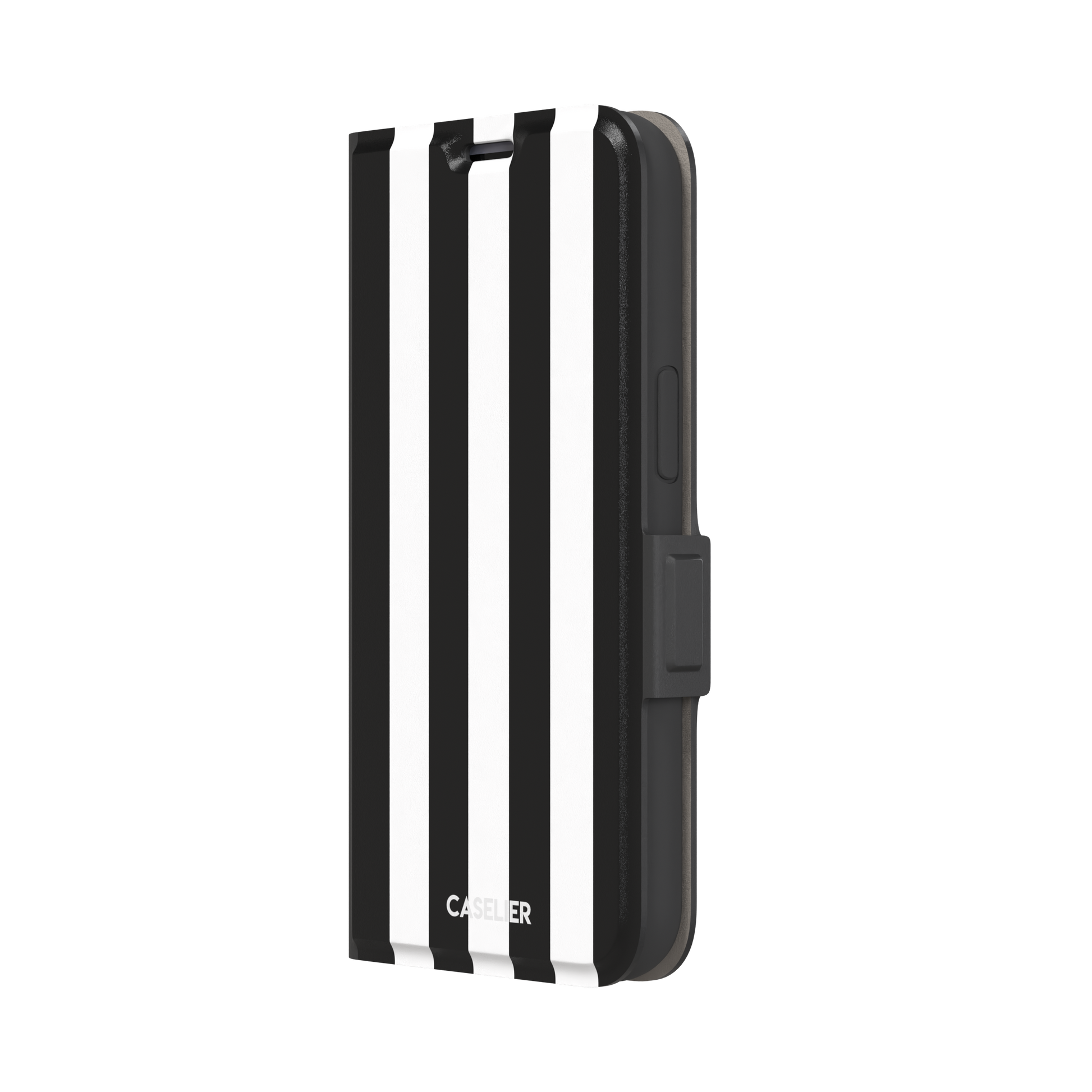 Bold Stripes phone case in black and white vertical stripes on, phone case by Caselier — wallet case, right view