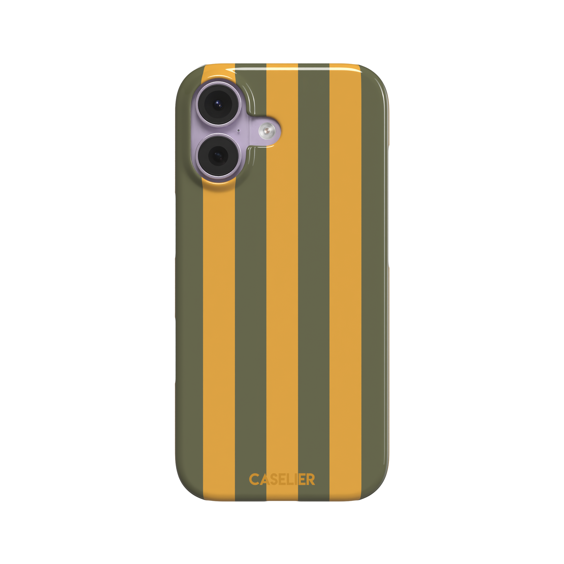 Bold Stripes phone case in olive green and amber orange vertical stripes, phone case by Caselier — snap case, front view